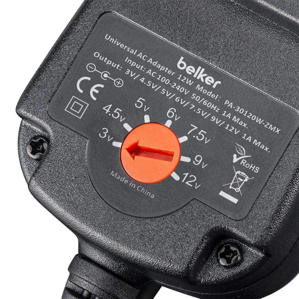 Belker Belker 12W 3V 4.5V 5V 6V 7.5V 9V 12V Adjustable Voltage Universal AC/DC Adapter Power Supply for Household Electronics,Micro USB - 1A Max. [BN]