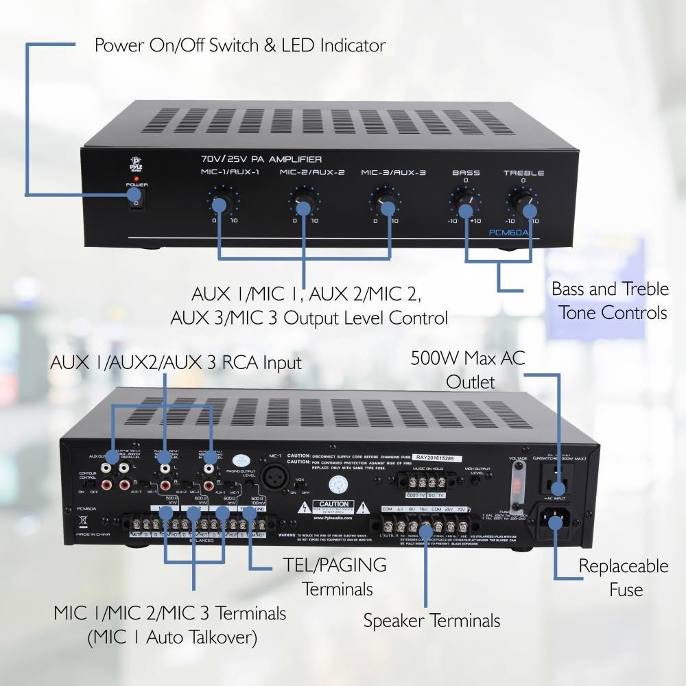 Pyle Pyle Compact Mini Home Power Amplifier - 100W Smart Indoor Audio Stereo Receiver w/ RCA, 3 Microphone IN, AUX, 25/70V Outputs, LED, Input Selector, For PA, Amplified Speaker Sound System PCM60A Black