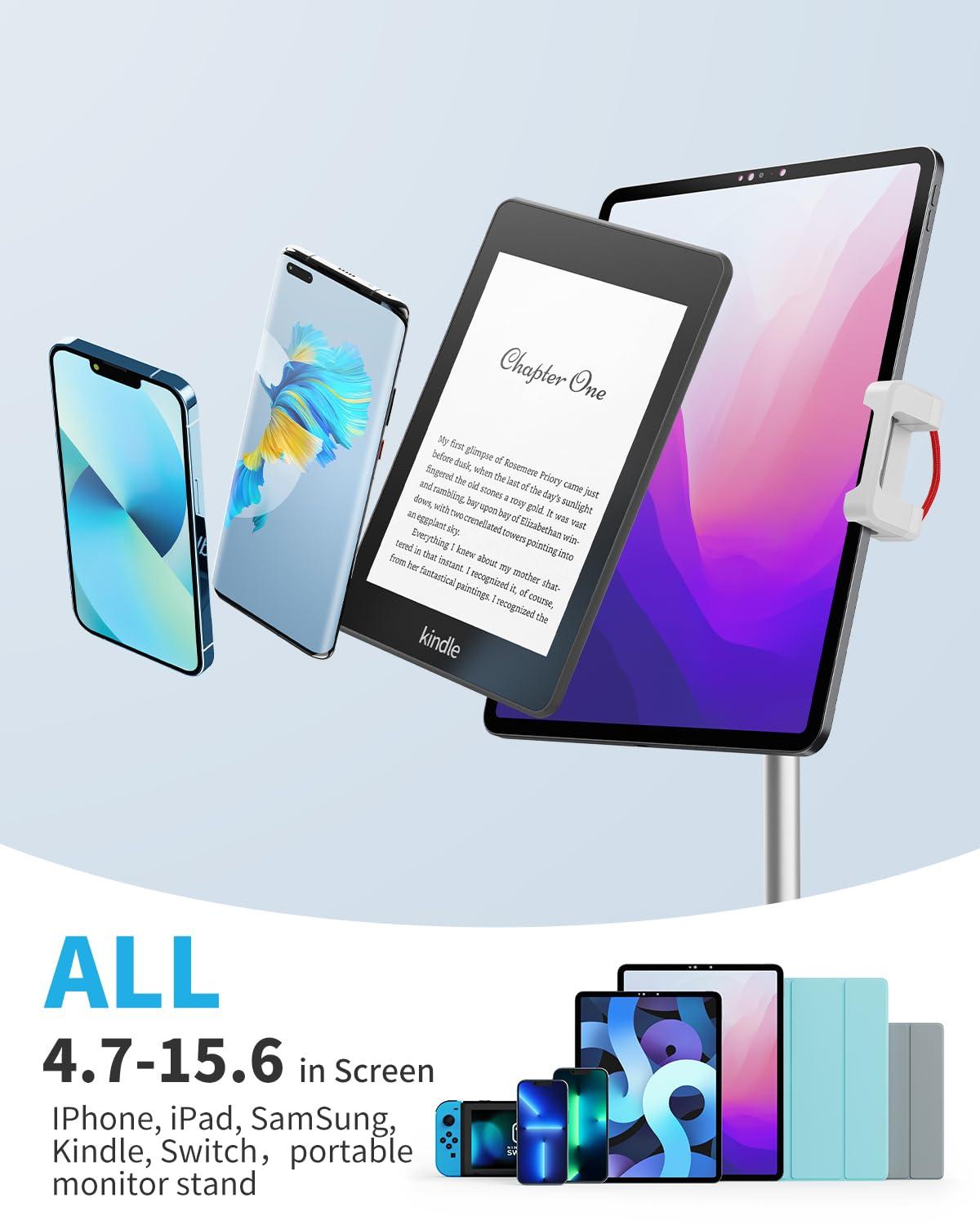 SAIJI SAIJI Tablet Stand Holder, Height Adjustable Portable Monitor Stand, 360 Degree Rotating, Aluminum Alloy Cradle Mount Dock for 4.7\"-15.6\" Screen iPhone Samsung, iPad, Kindle, eBook Reader (Silver)