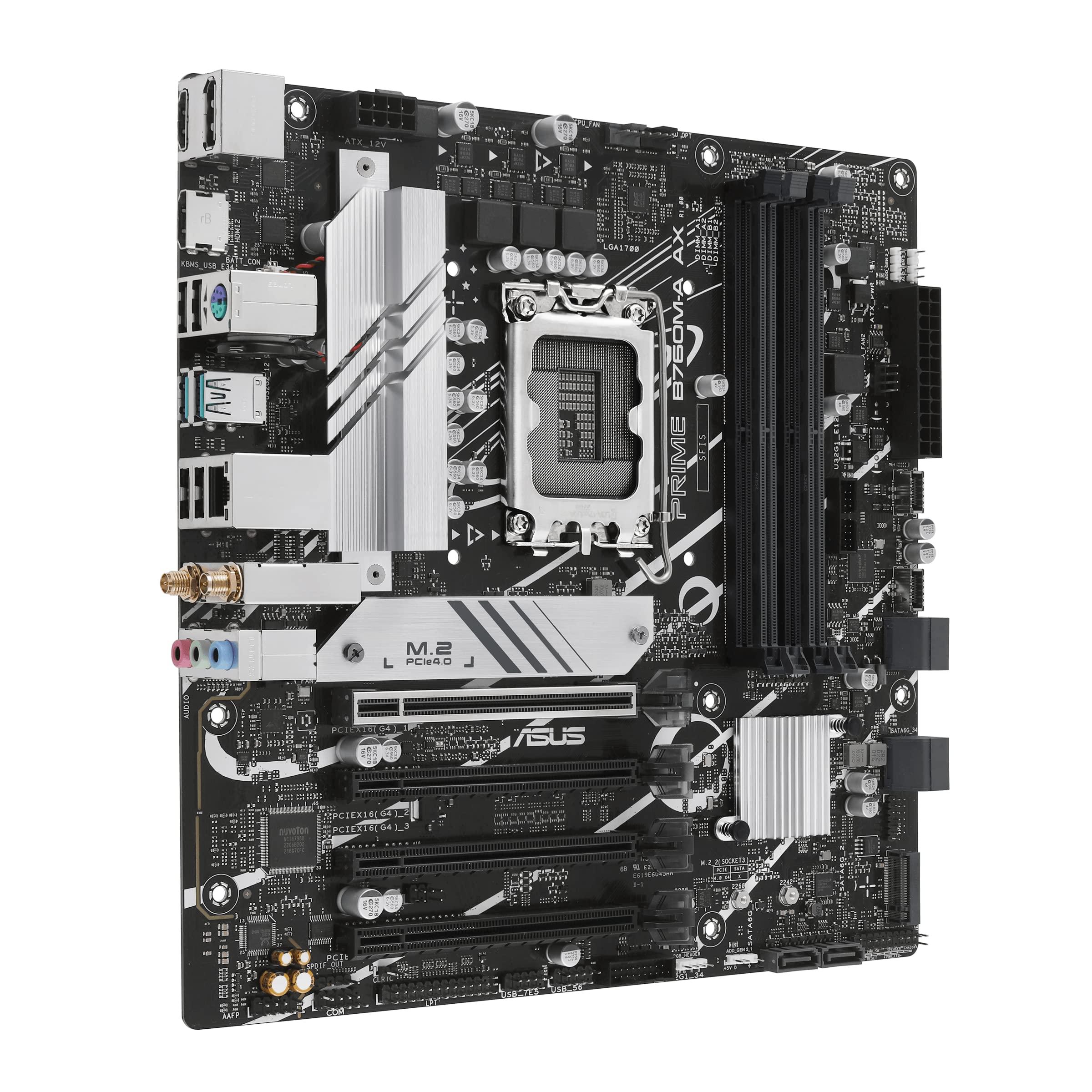 ASUS ASUS Prime B760M-A AX LGA 1700(Intel 12th&13th Gen) microATX Motherboard (PCIe 4.0, 2xM.2 Slots, DDR5,Realtek 2.5 Gb LAN,WiFi 6, DP,Rear USB 3.2 Gen 2, Front USB 3.2 Gen 1 Type-C)