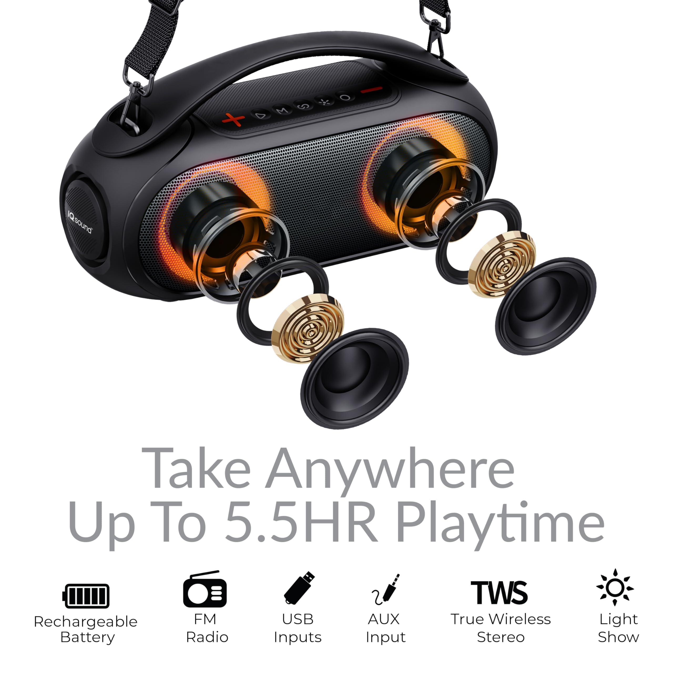 Supersonic IQ Sound IQ-3530RGB Portable Bluetooth Speaker with RGB Panel, IPX6 Water Resistant, TWS, Voice Control, Mic Input, FM Radio, USB, Line-in function, Rechargeable Battery - Perfect for any event