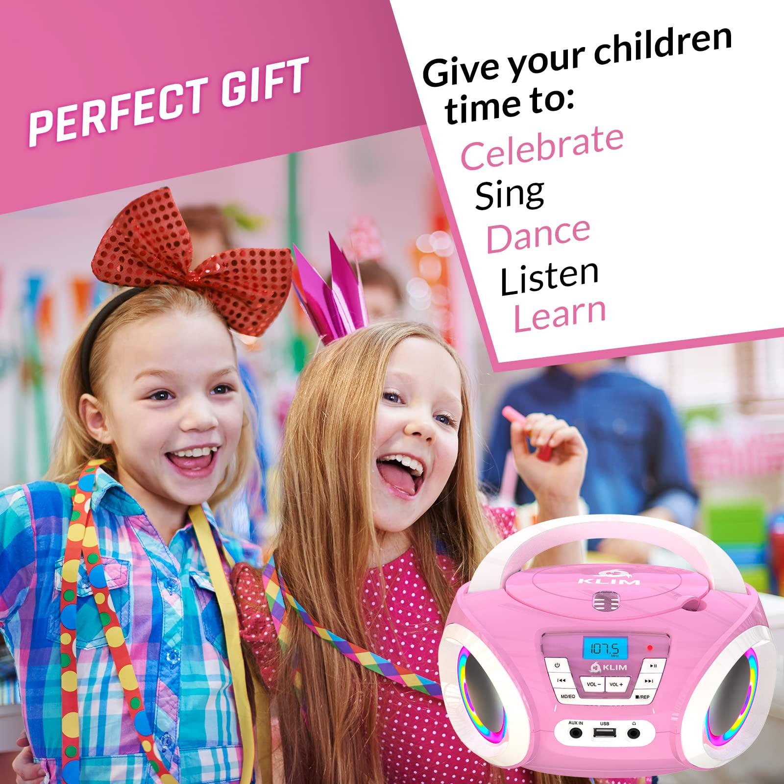 KLIM KLIM Candy Kids CD Player for Children - FM Radio - Includes Batteries - Pink - Boombox Portable - CD Player Children - with Speakers, Toddlers (Pink)