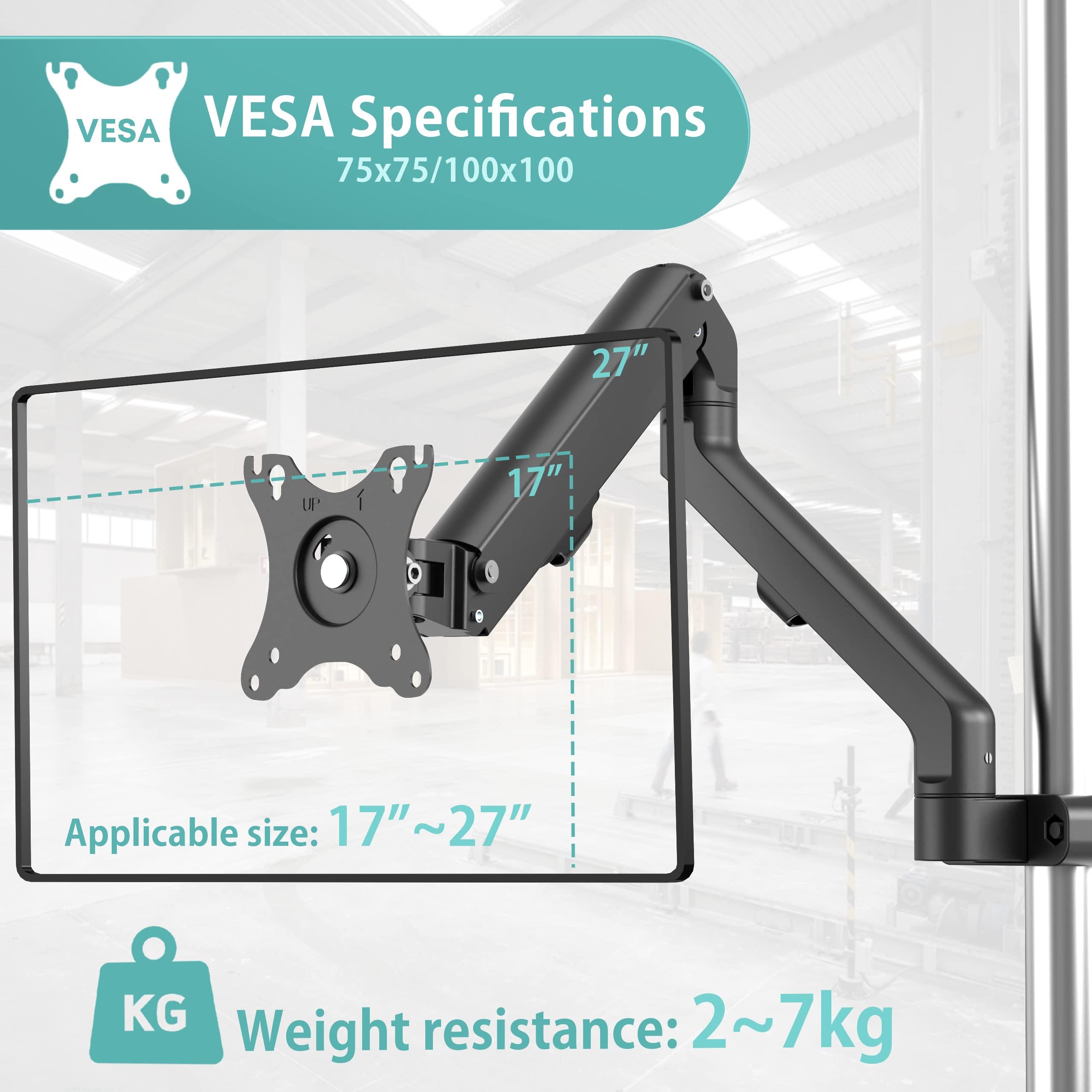 WORLDLIFT WORLDLIFT Height Adjustable Pole Mount Monitor Arm for 17"-27" Screens with Mechanical Spring, VESA 75x75 and 100x100 - Holds up to 15.4 lbs