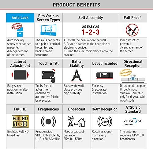 Barkan Barkan TV Wall Mount with Integrated HDTV Indoor Antenna Holds up to 110 lbs Auto Lock Patented Max Range 35 Mile Fits LED OLED LCD TVA31 Black 19 - 65 Tilt Antenna TV Mount