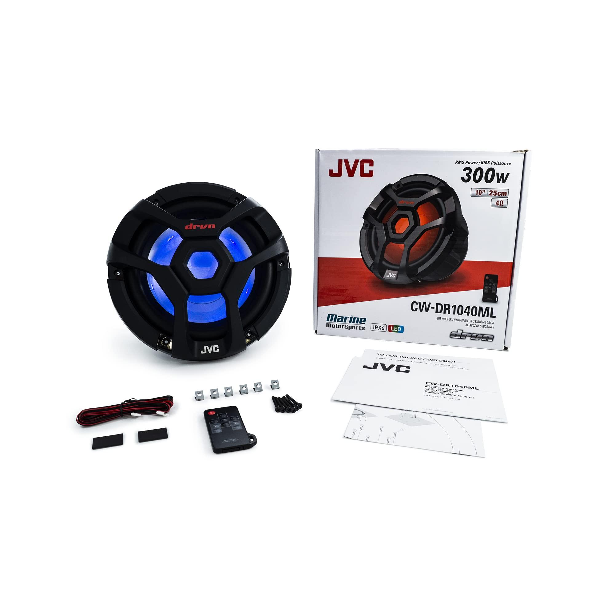 JVC JVC CW-DR1040ML 10-Inch RGB Illunimanation Outdoor Marine/Car Audio Subwoofer - 1,300 Watt Single Black Waterproof Bass Loud Speaker for Marine Stereo Sound System