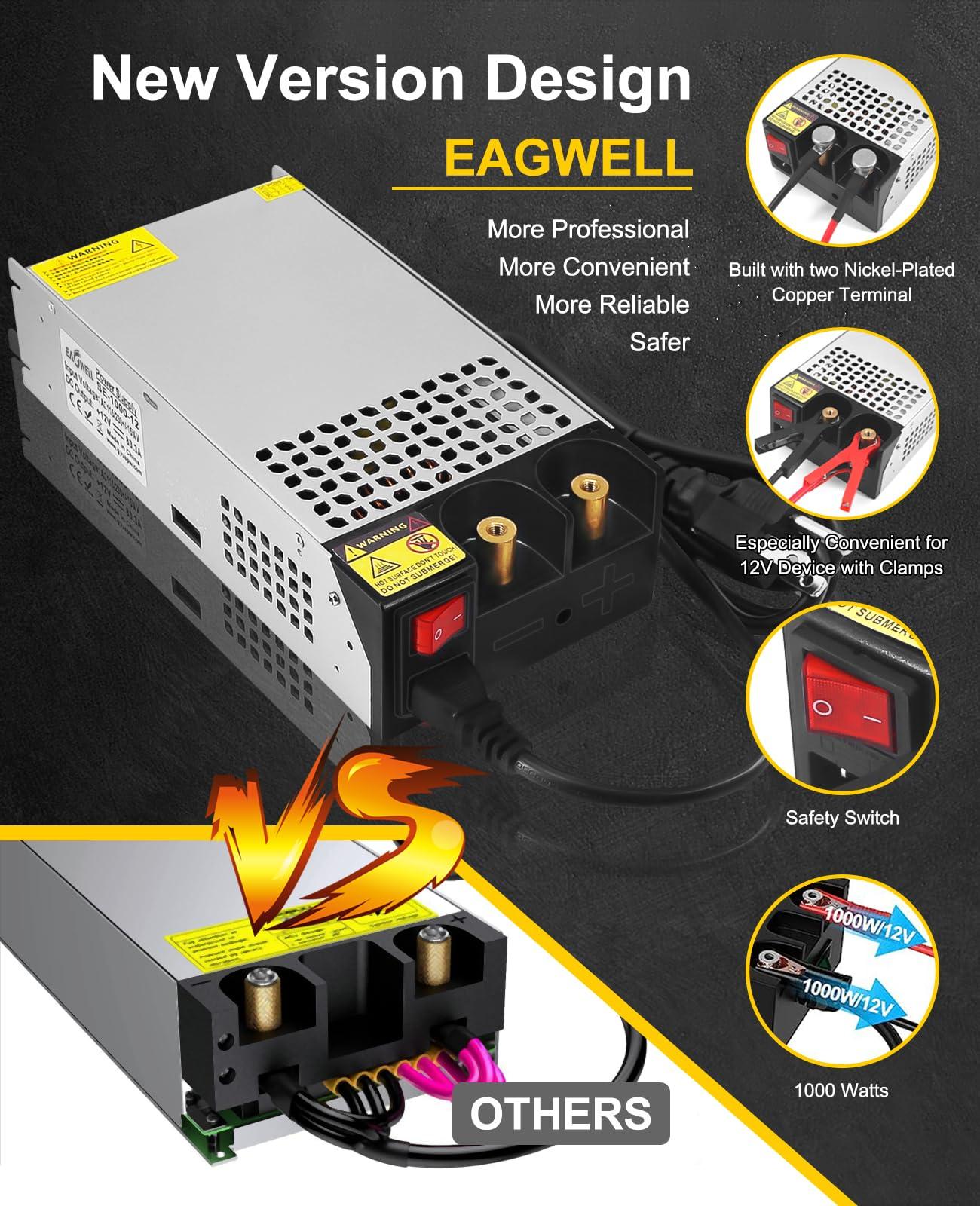 EAGWELL AC to DC Converter 12V Power Supply 1000W, Universal SMPS 120V AC to 12V DC Converter Switching Power Supply 12V Transformer Driver Adapter for RV,Pump,LED Strip, LCD Monitor