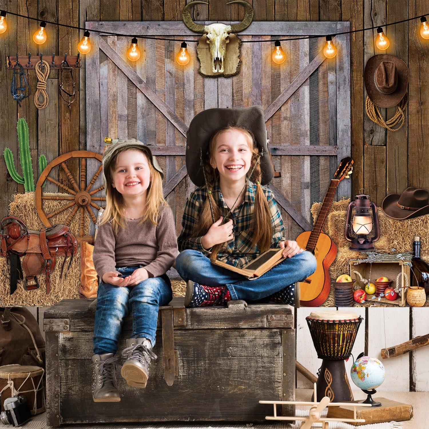 TENCOW Western Cowboy Backdrop 8x6FT Western Party Decorations Banner Wild West Rustic Wooden Barn House Photography Background for Cowboy Theme Party Decoration Banner Photo Booth (96x72 inch)