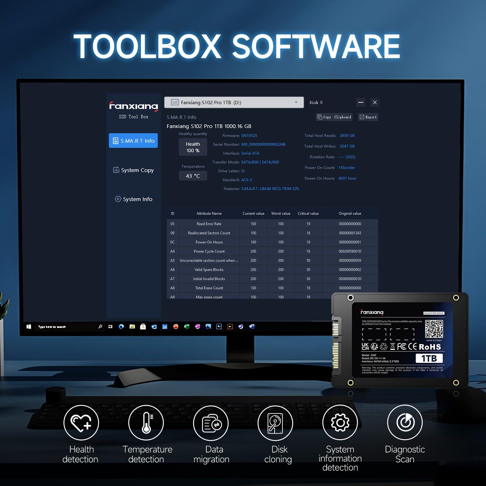 fanxiang fanxiang SSD 2TB Internal Solid State Drive SATA III 6Gb/s 2.5", 3D NAND, SLC Cache, Up to 550MB/s, Compatible with Laptops and PC Desktops(S101)