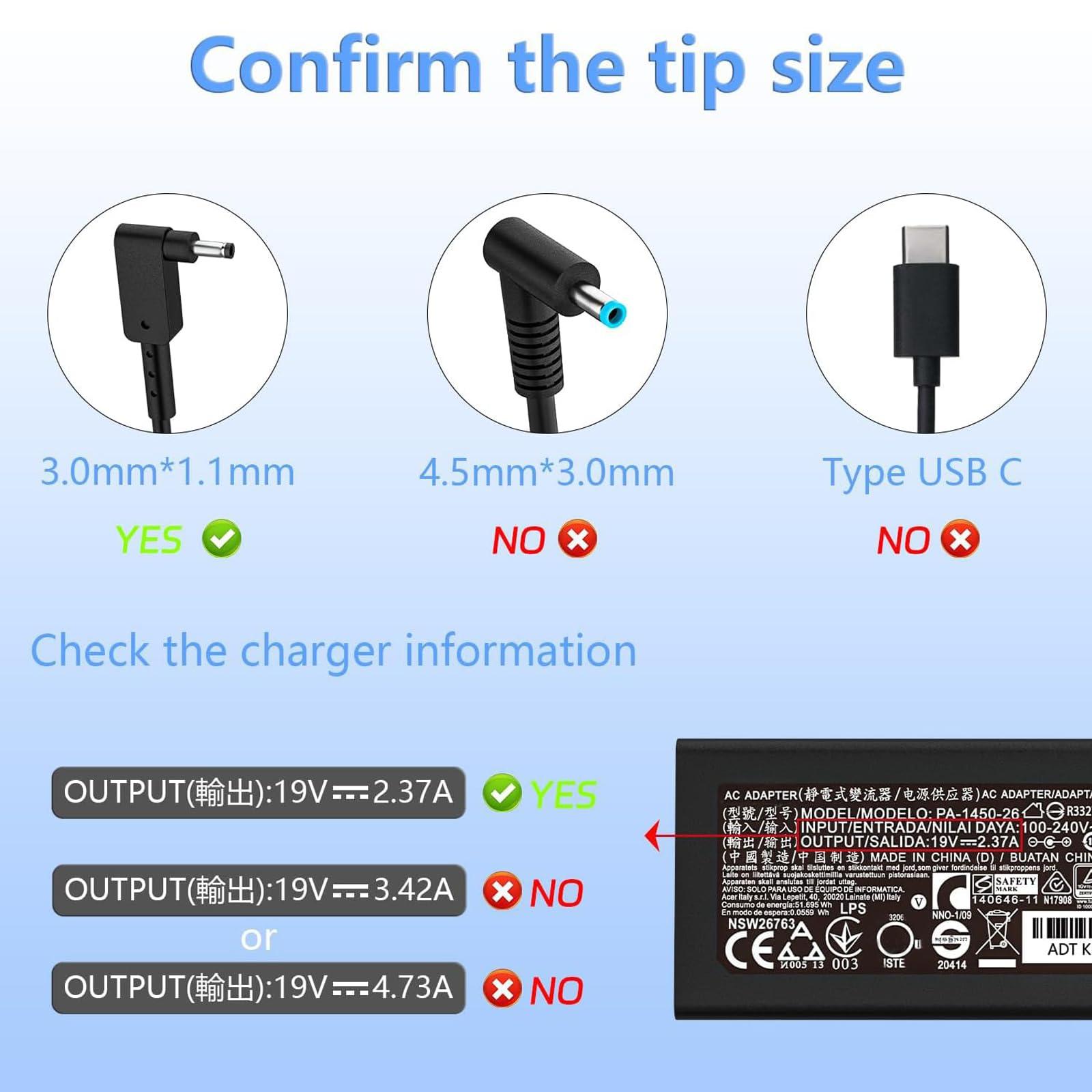 Smsutu N20C5 N23C3 N20C4 N19H2 45W 3.0*1.1mm AC Charger Fit for Acer A515-45-R74Z A515-46 A315-23 A315-24P A115-31 A515-56 A115-32 A515-58 ADP-45FE F PA-1450-26 A13-045N2A AK.045AP.075 Adapter Laptop Power