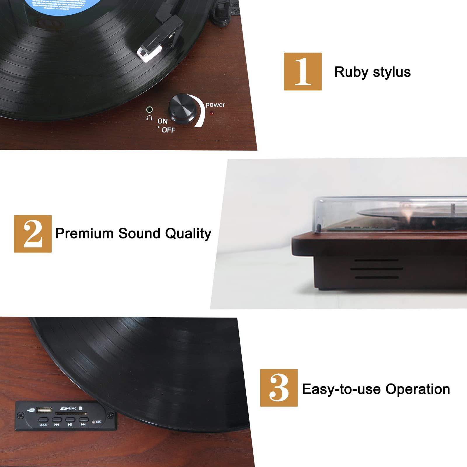 DLITIME Portable Record Player with Bluetooth Output/Input, USB/SD Play and Recording, FM Radio, 3-Speed Vintage Turntable with Speakers, AUX in, RCA Line Out, Earphone Jack, Dust Cover