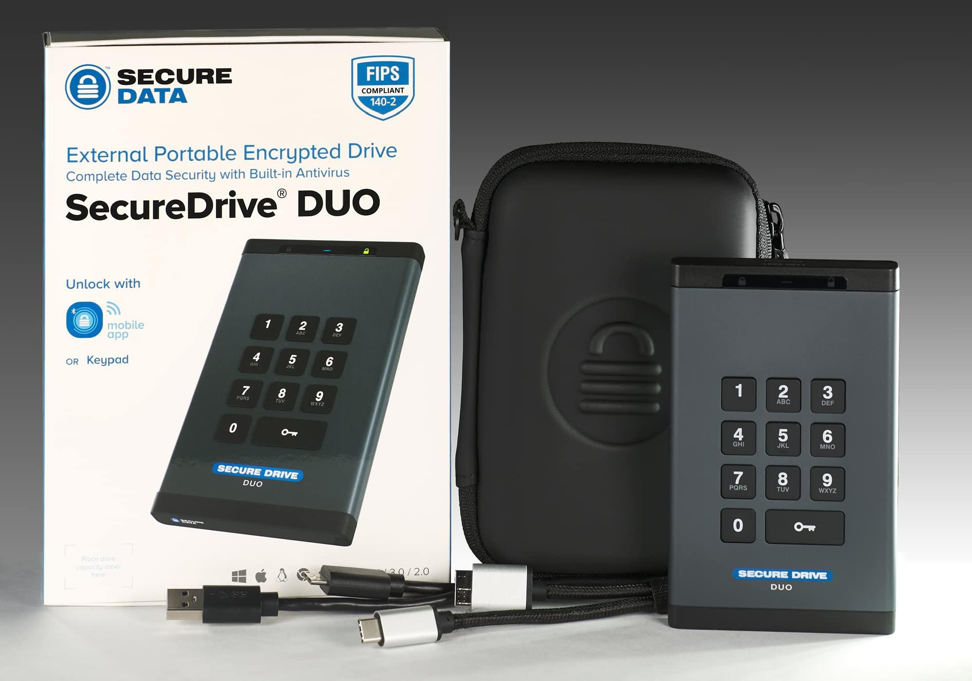 SecureData SecureData SecureDrive DUO (2TB) - HDD - FIPS-140-2 Level 3 Compliant TAA Compliant 256-Bit Hardware Encrypted External Portable Hard Drive USB 3.0 - Unlock via Mobile App or On-Board Keypad