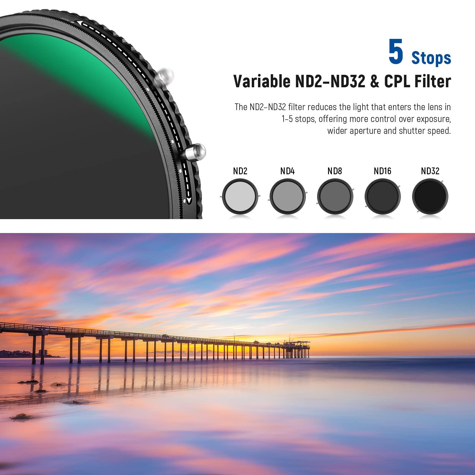 NEEWER NEEWER 2 in 1 58mm Variable ND Filter ND2ND32&CPL Filter(Circular Polarizer Filter) No X Cross/30 Layer Nano Coated/HD Optical Glass/Ultra Slim Aluminum Alloy Frame/Water Repellent/Scratch Resistant