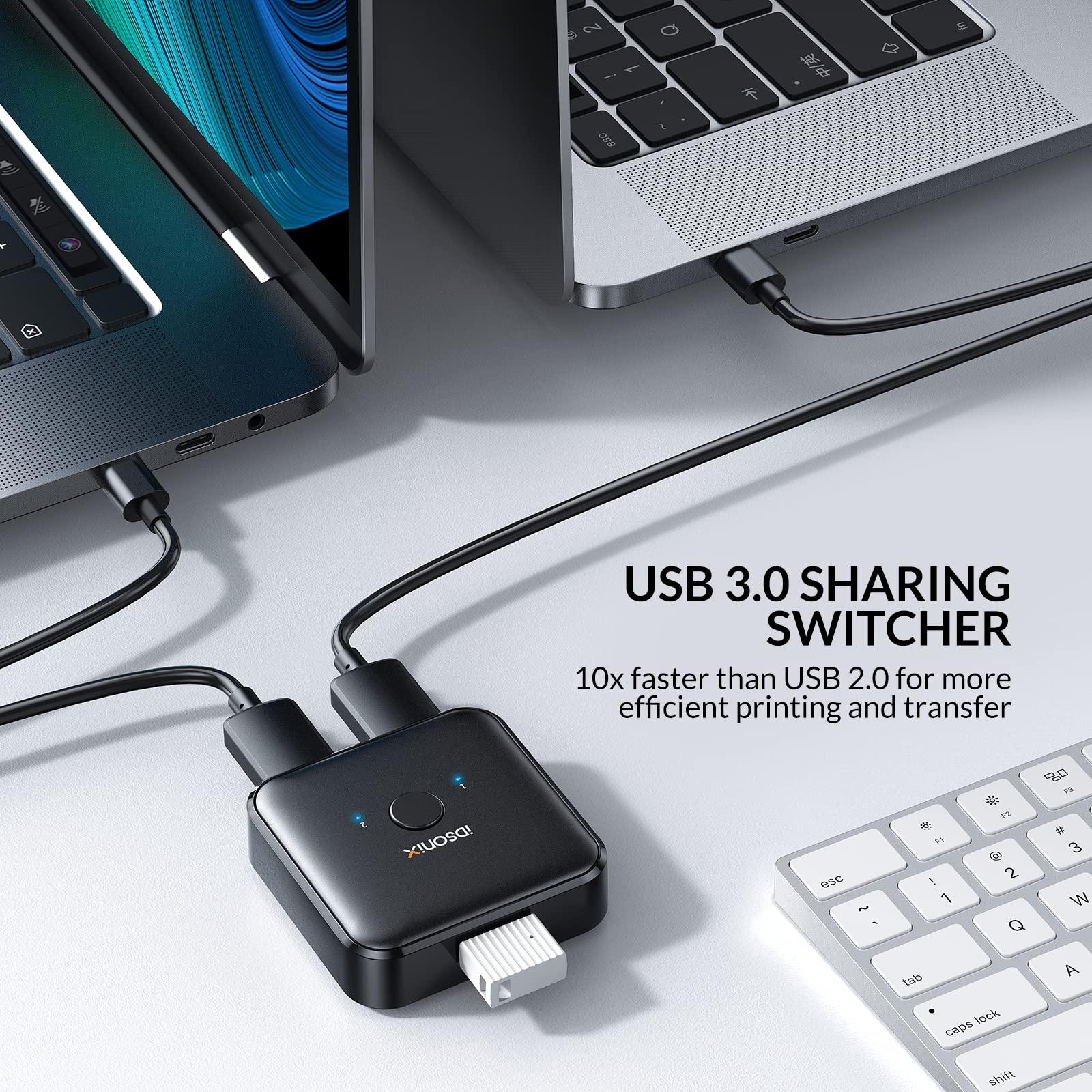 IDSONIX SMART INTERACTIVE USB 3.0 Switch Selector,iDsonix USB Switcher 1 in 2 Out(2 in 1 Out) Bi-Directional,USB Switch 2 Computers Share 1 Device for Printer,Scanner,Keyboard, USB Sharing Switch with 2pcs A to A 3.3ft Cables