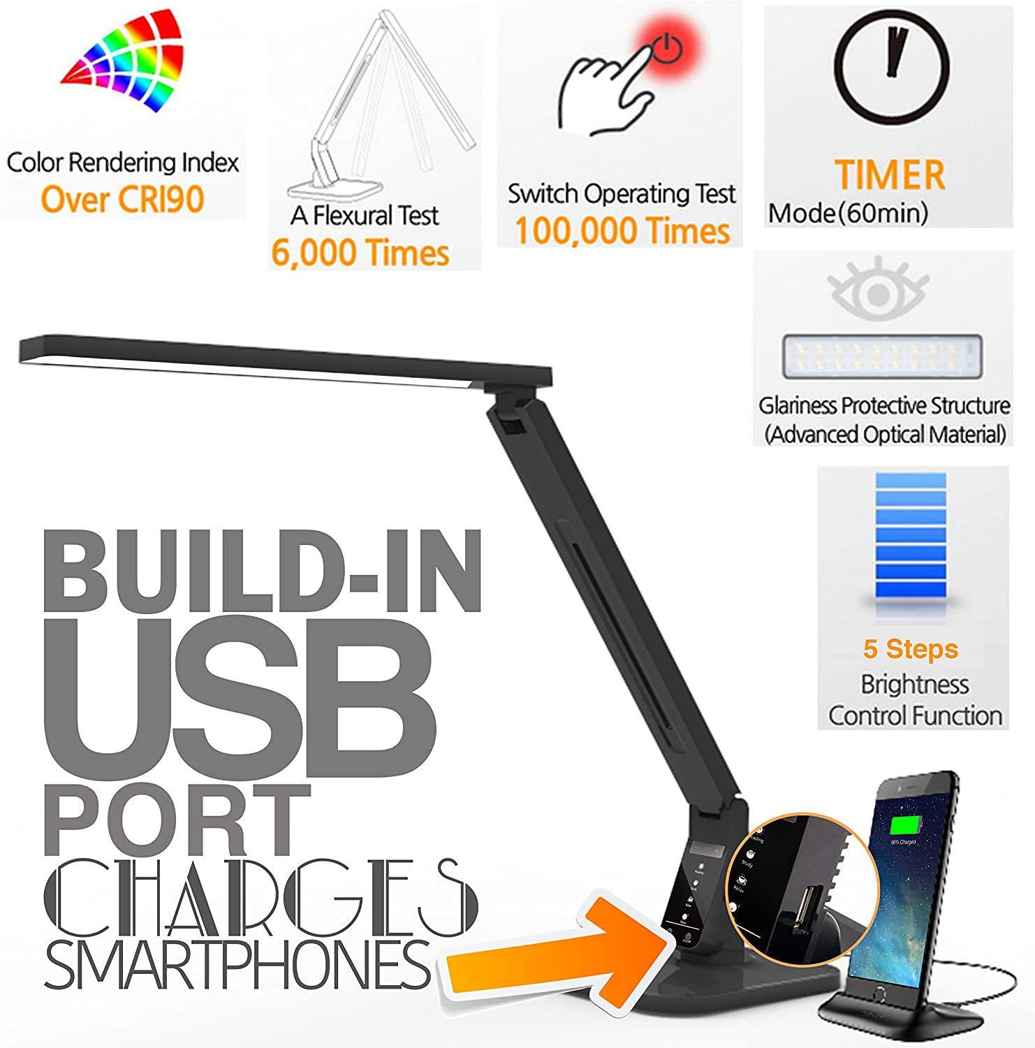 Lampat LAMPAT Dimmable LED Desk Lamp, 4 Lighting Modes (Reading/Studying/Relaxation/Bedtime), 5-Level Dimmer, Touch-Sensitive Control Panel, 1-Hour Auto Timer, 5V/1A USB Charging Port, Piano Black