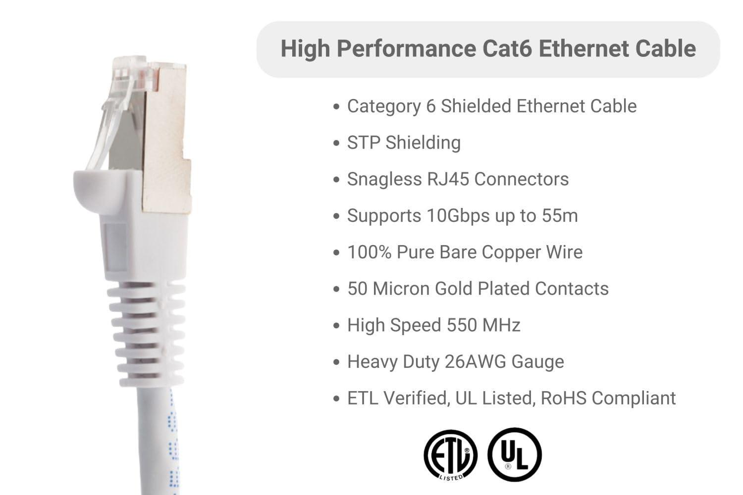 CablesAndKits CablesAndKits - Shielded (STP) Cat6 Ethernet Cable, Booted, Jacket: PVC (CM), 25 ft, White, Pure Copper, RJ45 Computer & Networking Patch Cord