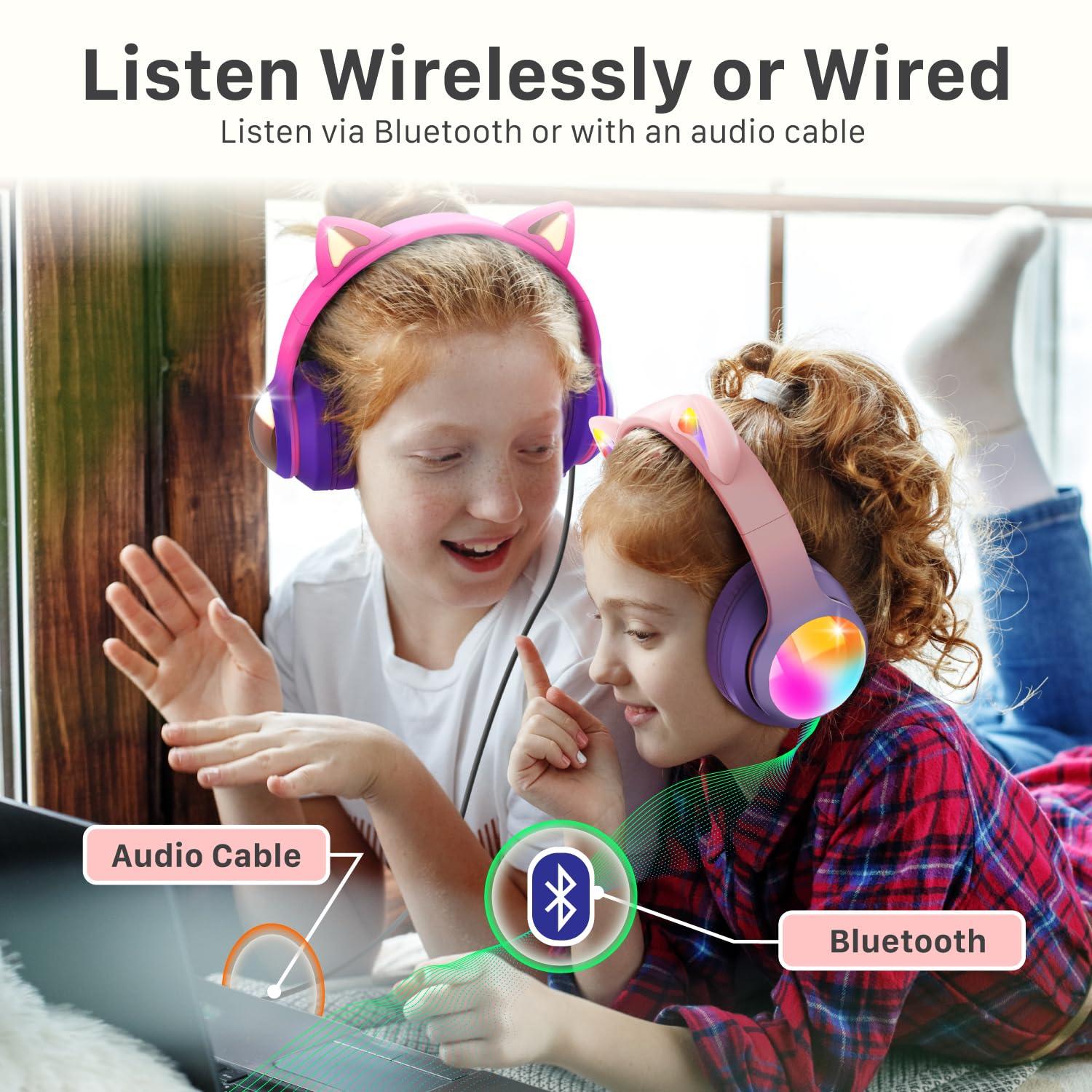 FosPower FosPower Kids Bluetooth 5.2 Headphones with LED Cat Ears (85/94dB Volume Limit & 100H Play Time) Foldable Wireless/Wired Headset with 3.5mm Cable for School/Travel - Hot Pink/Purple