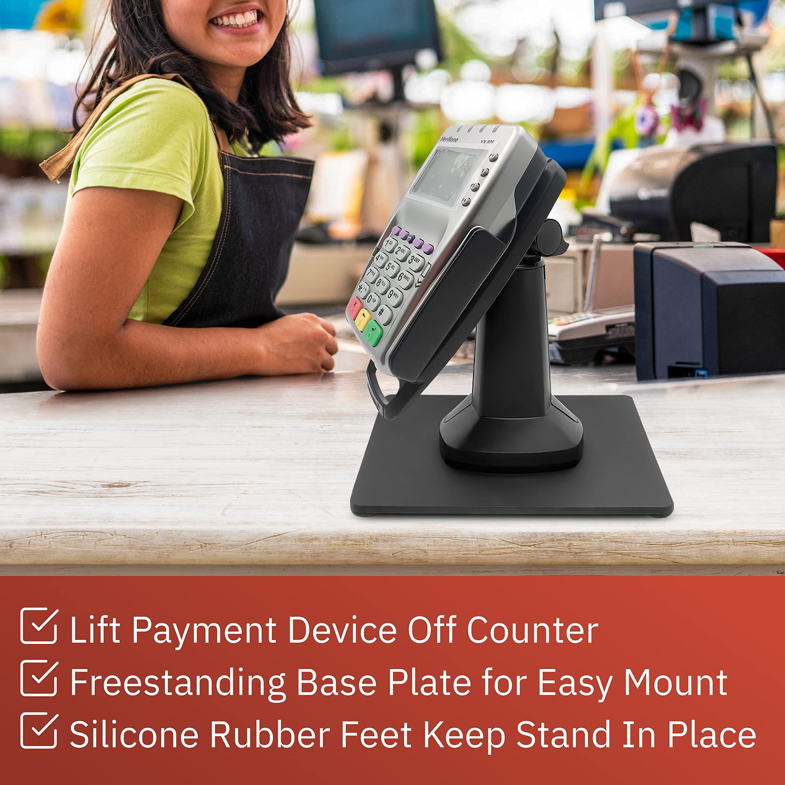 Tailwind ENS Tailwind Verifone Vx805 7" Latch and Lock Compact Pole Mount PIN Pad Stand with Full Device Protective Spill Cover and Square Freestanding Mobility Base Plate, Black