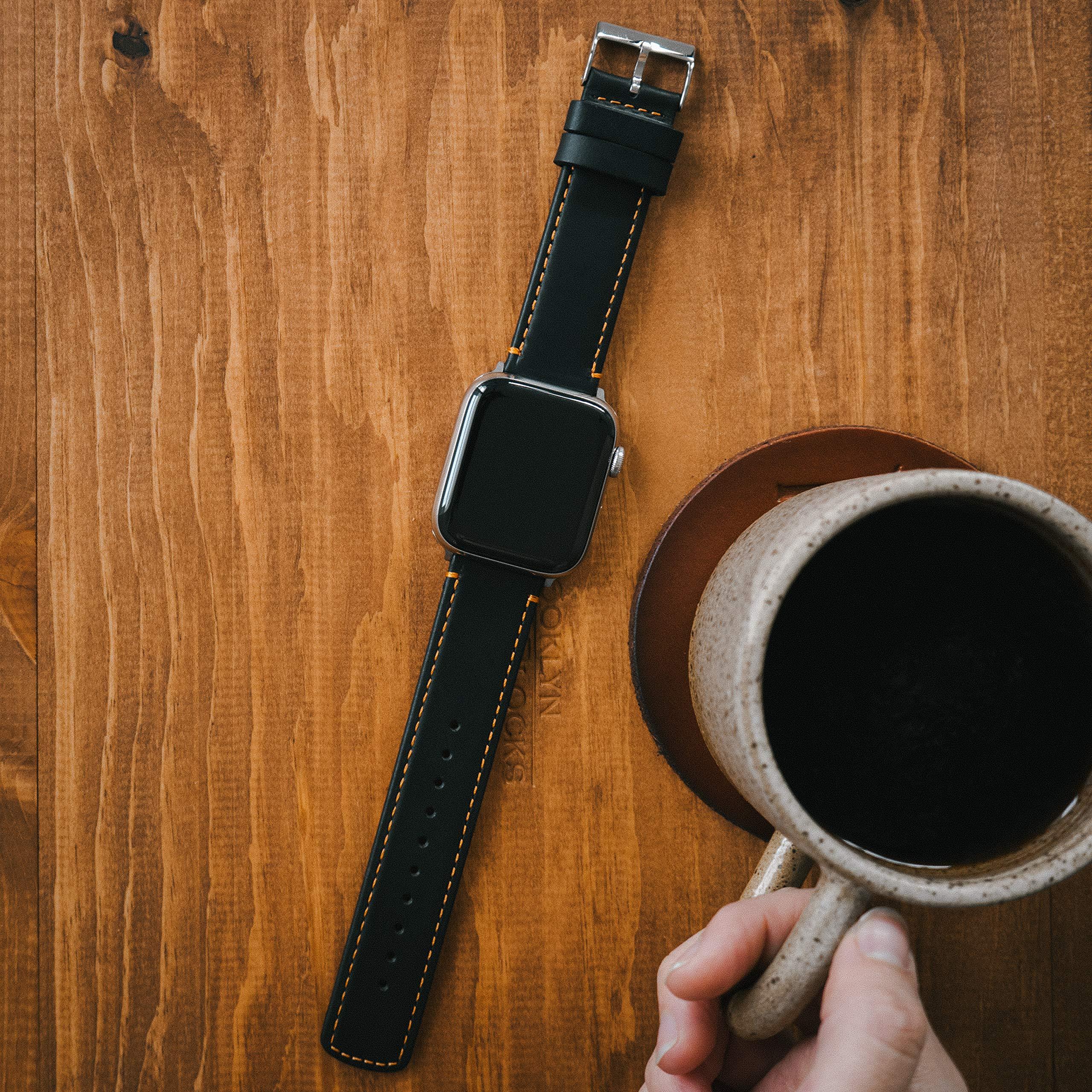 BARTON WATCH BANDS BARTON WATCH BANDS - Black Leather & Orange Stitching Top Grain Leather Watch Bands Compatible with Apple Watch Models - 1, 2, 3, 4, 5, 6, 7, 8, 9, 10, SE, Ultra & Ultra 2 - (42mm/44mm/45mm/49mm)