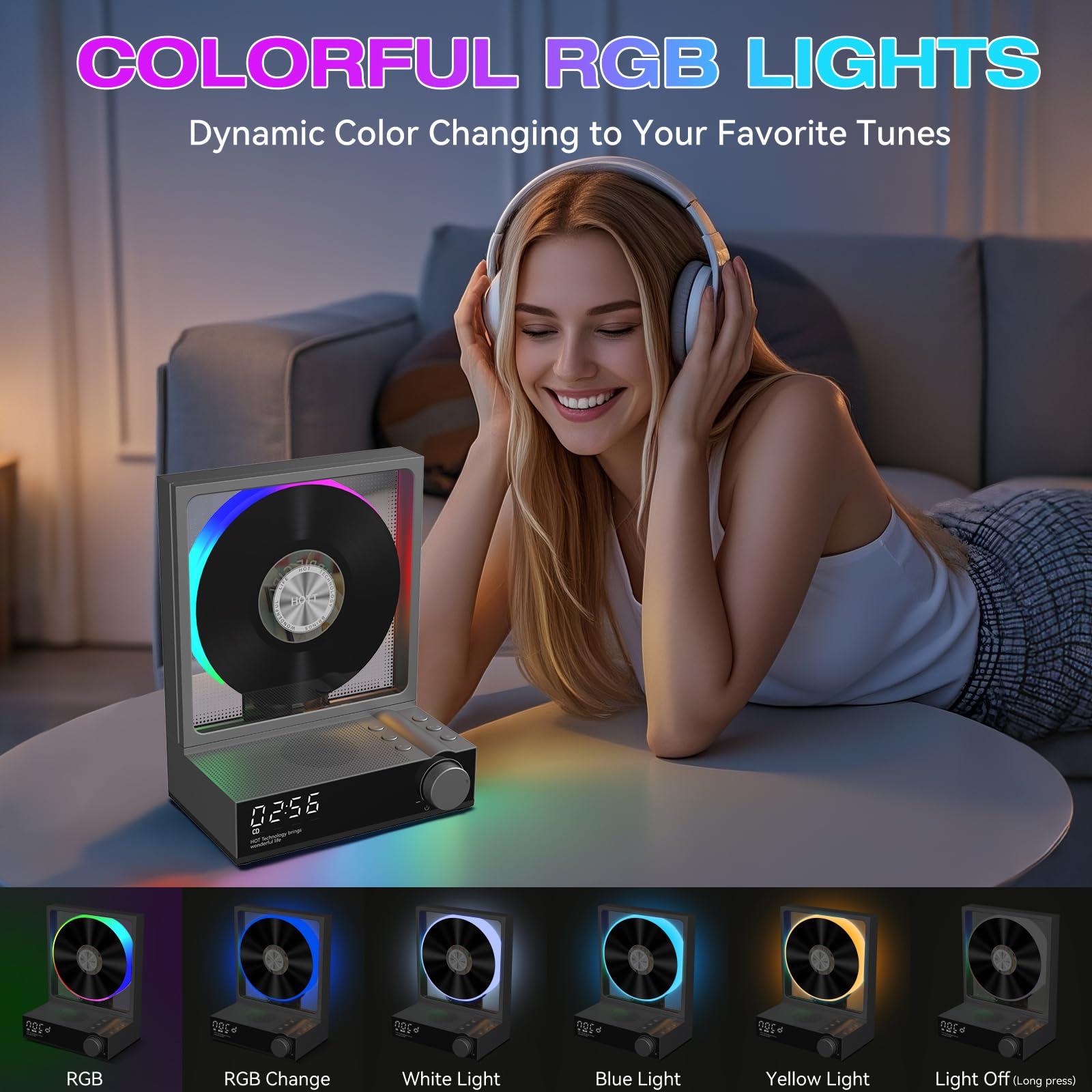 bodymaster HOTT CD Player Portable with RGB Lights Bluetooth 5.3 Desktop CD Player,Portable CD Player with HiFi Speakers, Supports TF Card, Transcription, LED Screen, Timer (Grey)