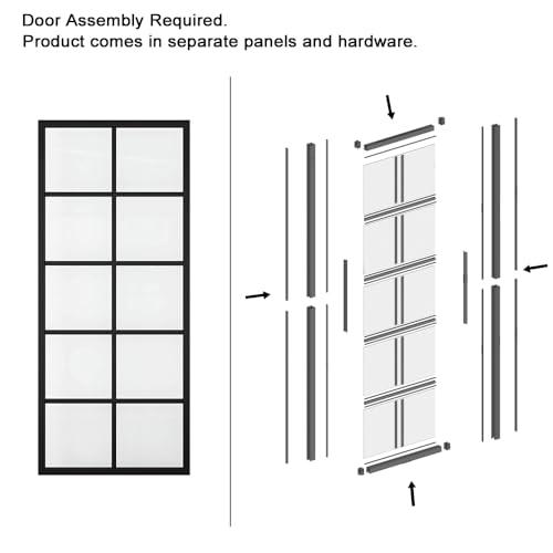 CALHOME 30 in. x 84 in. 10 Lite Frosted Glass Black Aluminum Frame Interior Barn Door with Sliding Hardware Kit