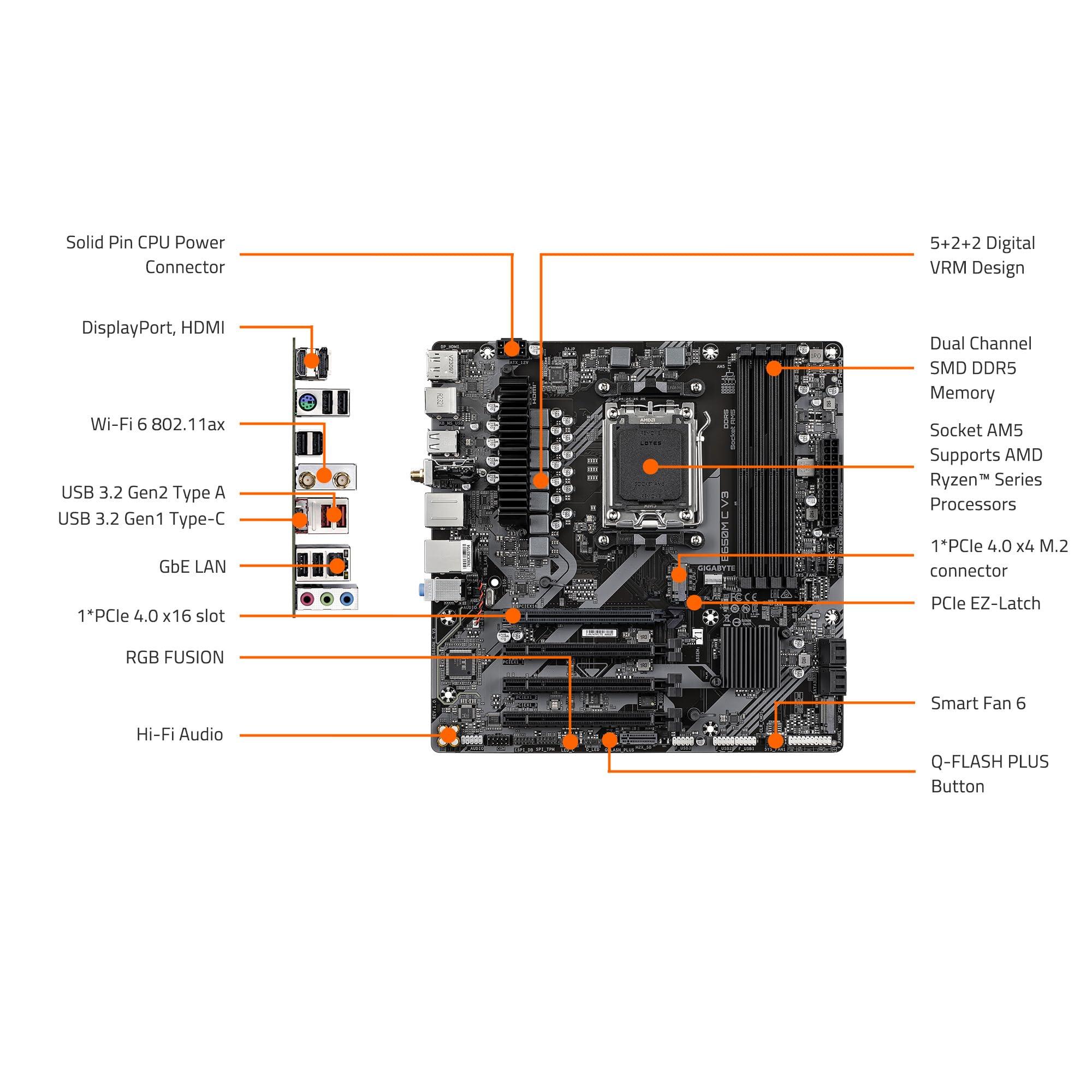 GIGABYTE GIGABYTE B650M C V3 (rev. 1.0) AM5 LGA 1718 AMD B650 M-ATX Motherboard with 5-Year Warranty, DDR5, PCIe 4.0 M.2, PCIe 4.0, USB 3.2 Gen1 Type-C, 1GbE LAN, Q-Flash Plus, EZ-Latch