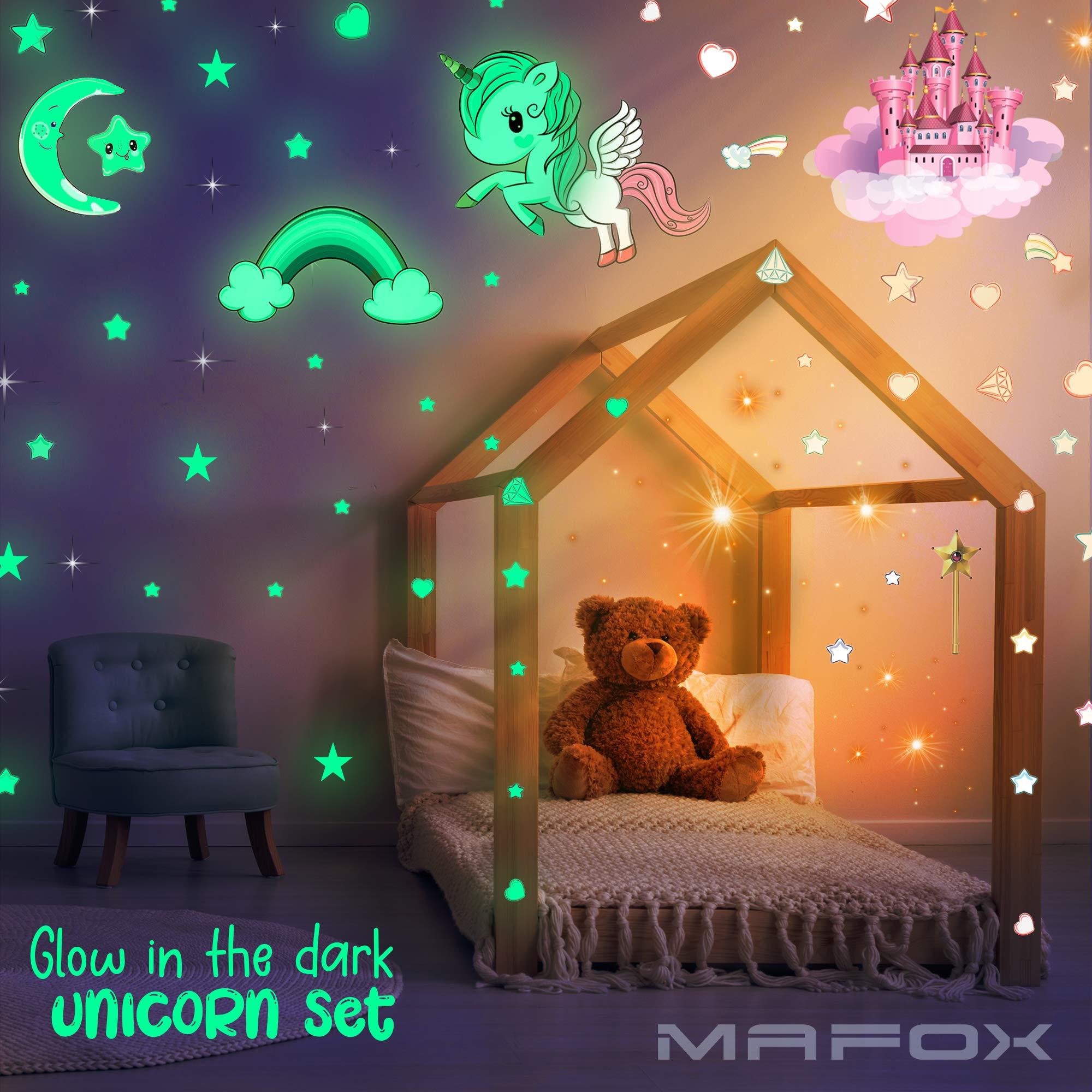 MAFOX Glow in The Dark Stars, Glowing Unicorn Sets with Castle Moon and Rainbow Wall Decals for Kids Bedding Room, Great for Birthday Gift Wall Mural Stickers for Girls and Boys