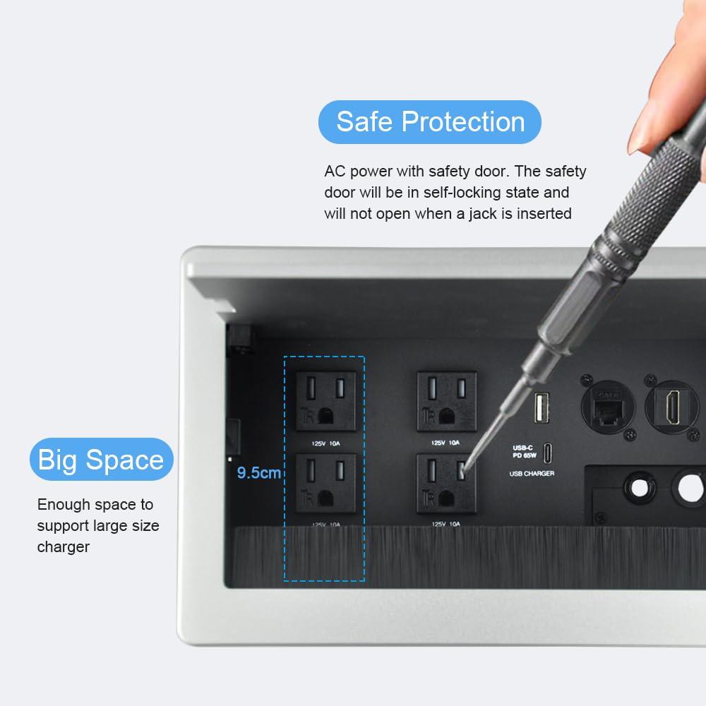 JS VI DEO JS TECHNOLOGY Conference Table Power hub Conference Table connectivity Box recessed Outlet Desk Outlet recessed Power Strip USB-c 65Woutlet Plug with USB Ports countertop Outlet Socket (Silver)