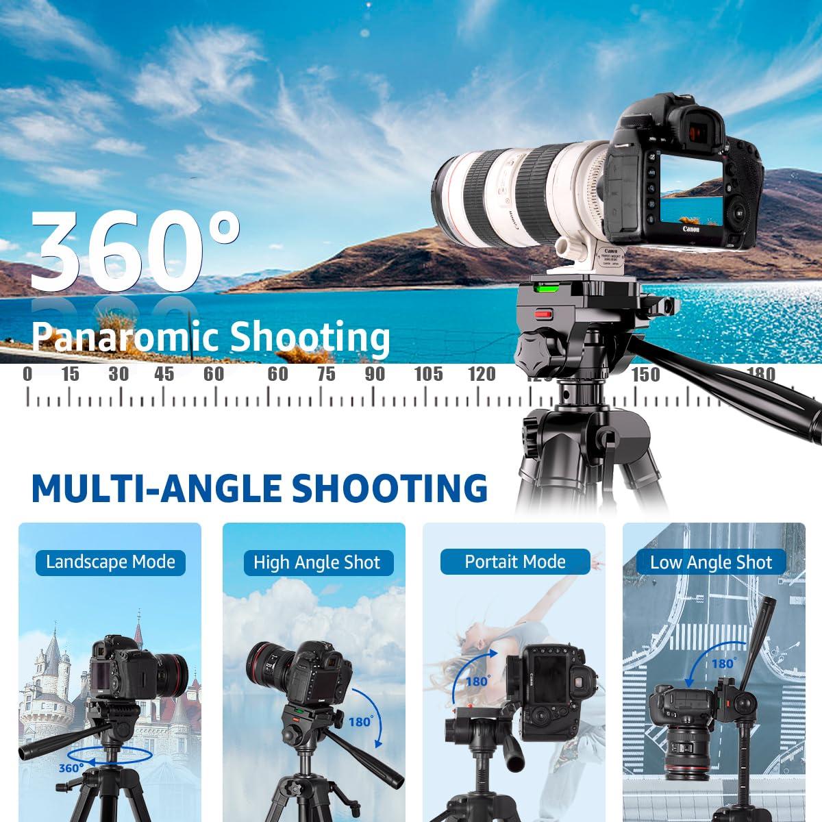 Arsoer Camera Tripod, 74" DSLR Camera Tripod with 2 QR Plates for Sony/Nikon/Canon, Lightweight Video Tripod Stand for Travelling, Phone Tripod with Fluid Head/Phone Holder/Wireless Remote Max.Load 6kg