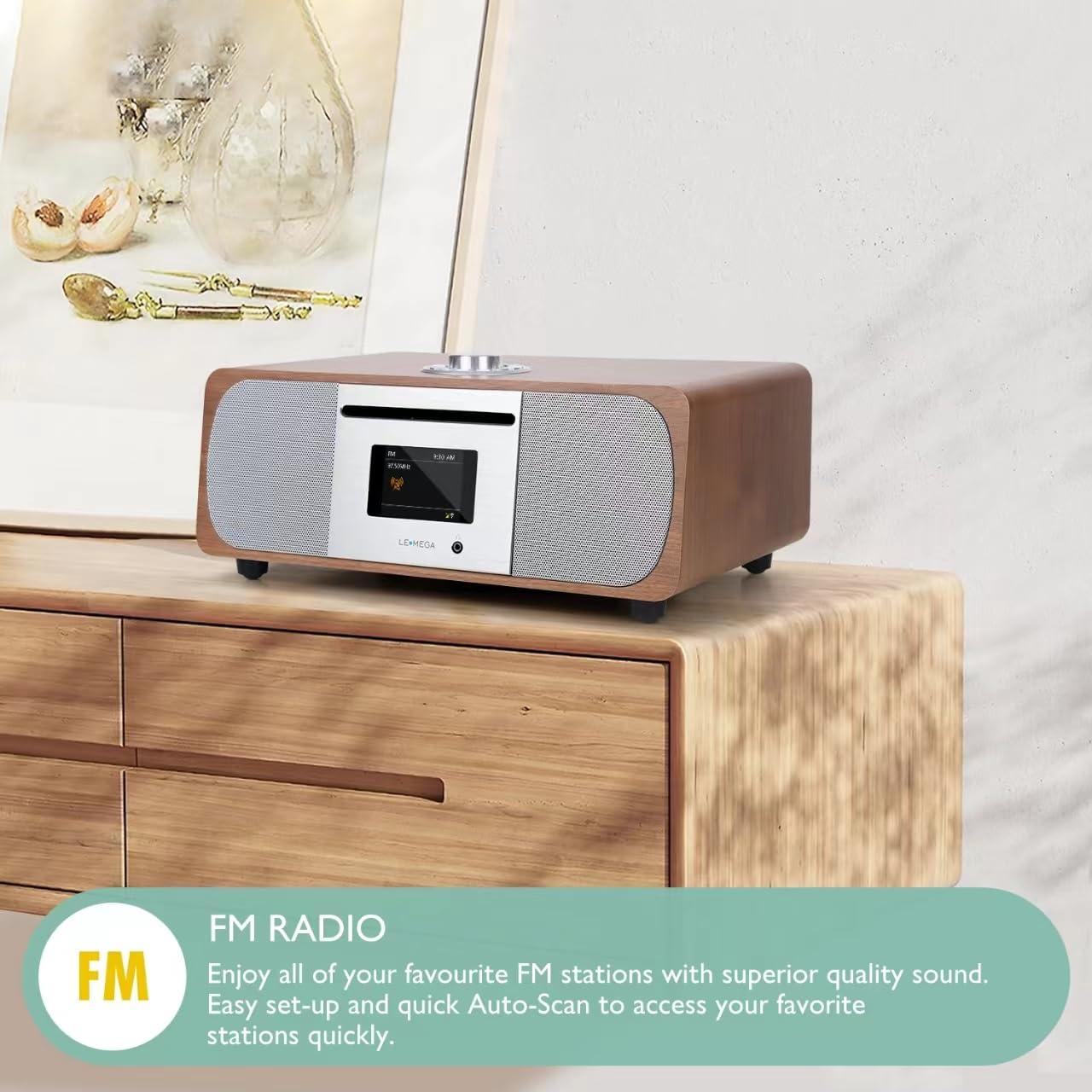 LEMEGA LEMEGA M5P Internet Radio with CD Player for Home, WiFi Radio, FM Digital Radio, Bluetooth Speaker, Spotify Connect,35W Home Stereo System,USB Player,Dual Alarms Clock, OKTIV APP Control-Dark Walnut