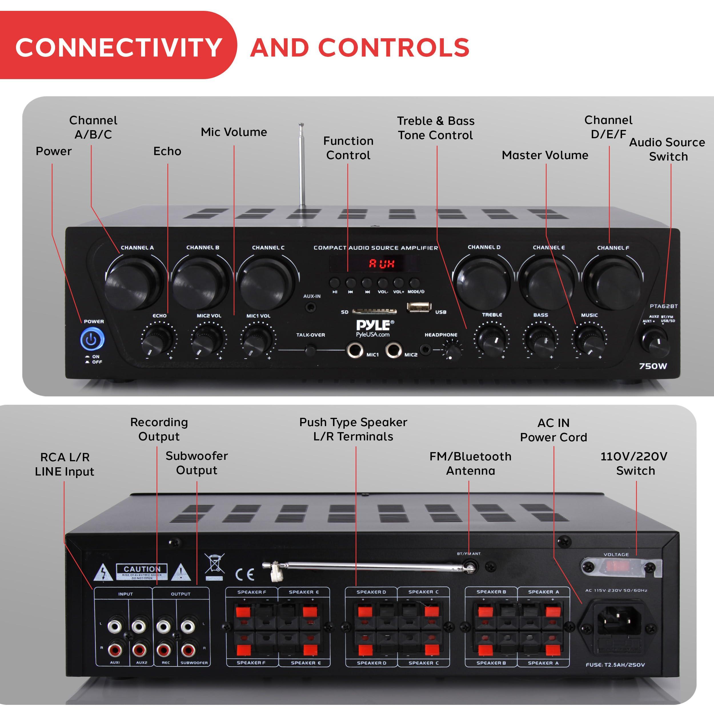 Pyle Pyle Wireless Bluetooth Home Audio Amplifier System-Upgraded 6 Channel 750 Watt Sound Power Stereo Receiver w/USB, Micro SD, Headphone,2 Microphone Input w/Echo, Talkover for PA - PTA62BT.5