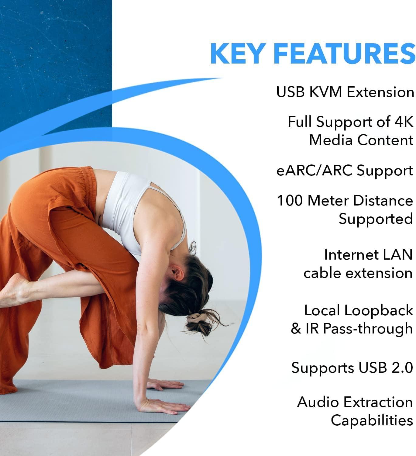 OREI OREI 4K eARC HDMI Extender Balun HDBaseT 3.0 UltraHD 4K @ 60Hz 4:4:4 Over Single CAT5e/6/7 Cable with HDR, LAN, ARC & IR Support, RS-232 Up to 330 Ft Audio Out - Power Over Cable - LAN Out