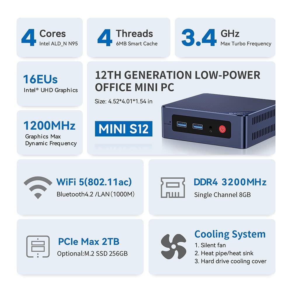 Beelink Beelink Mini PC, Mini S12 Pro Intel 12th Gen 4-Core N100(up to 3.4GHz), Mini Computer 16GB DDR4 RAM 500GB SSD, Desktop PC Dual HDMI 4K UHD/Gigabit Ethernet/WiFi6/BT5.2/W-11