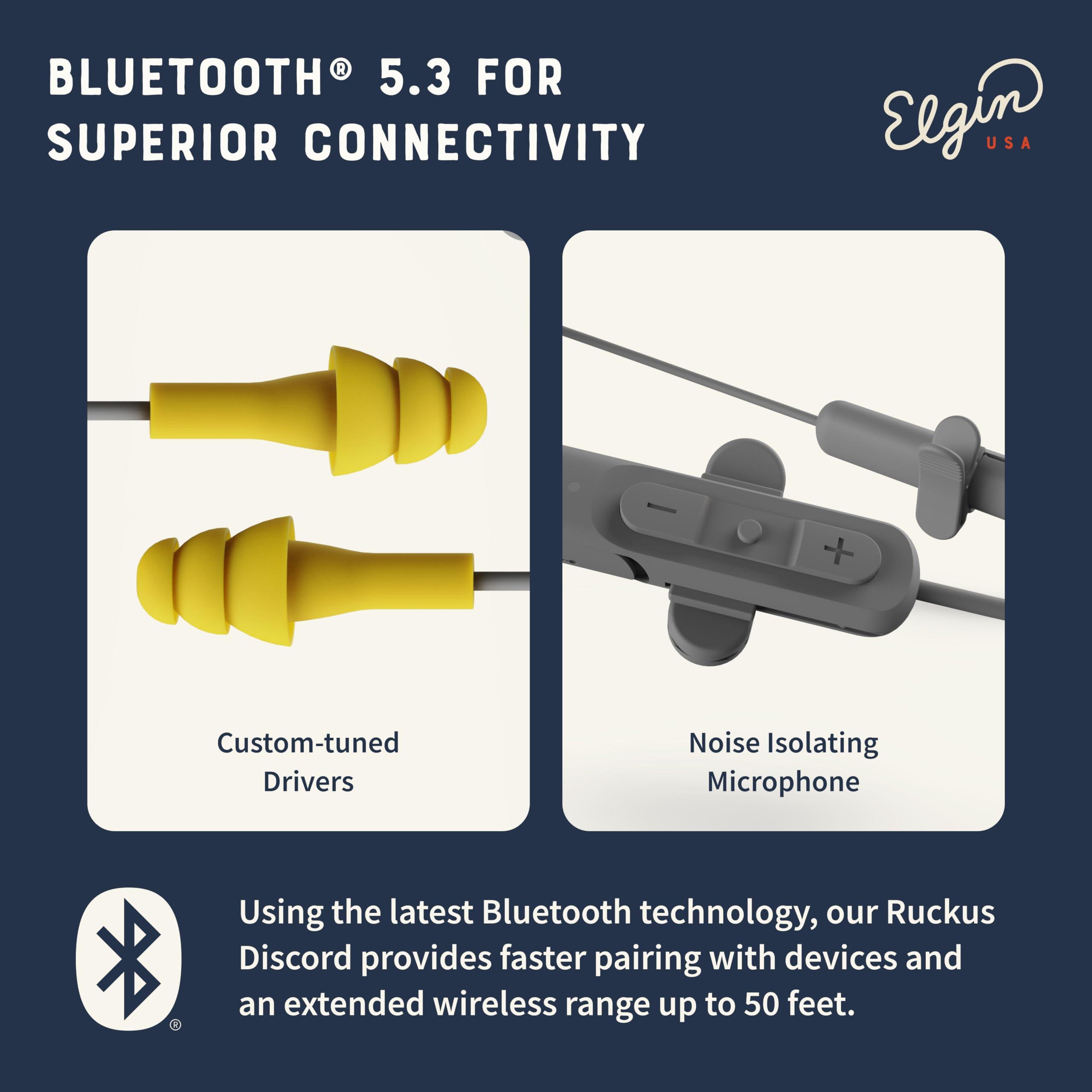 Elgin Elgin Ruckus Wireless Bluetooth Earplug Headphones, 25 dB NRR, Noise Canceling Mic, 12-Hour Battery, IP65 Sweatproof, Compliant with OSHA Hearing Safety Standards