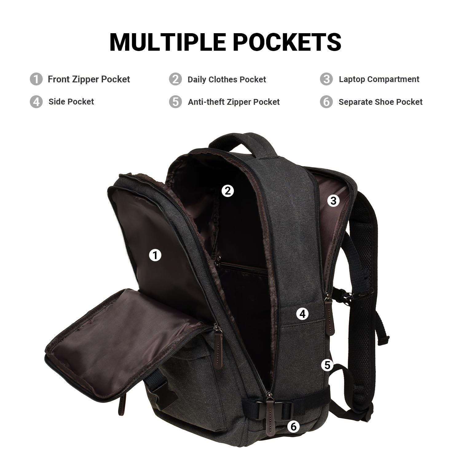 KAUKKO KAUKKO Canvas Travel Backpack, Personal Item Airline Approved, Carry On Backpack with Multi-Pockets and Shoe Pouch, fit 15.6 inch Laptop, 40L Weekender Bag, 11-BLACK