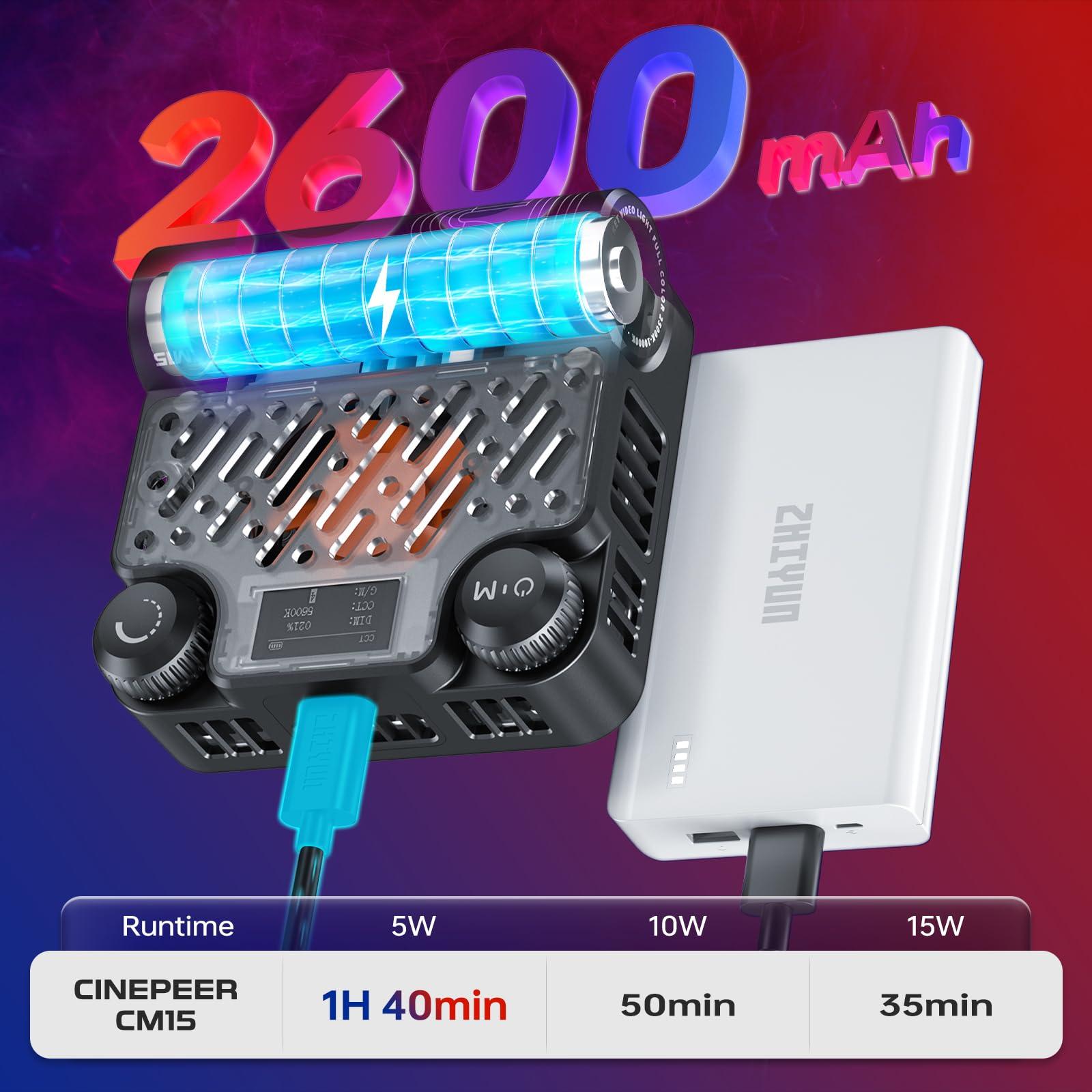 ZHIYUN ZHIYUN CINEPEER CM15 15W RGB Video Light Selfie Light 360 Full Color Camera Light with Cold Shoe 2600mAh CRI 94+ 2500k~10000k Rechargeable Portable Outdoor Photography Lighting Fill Handheld Light
