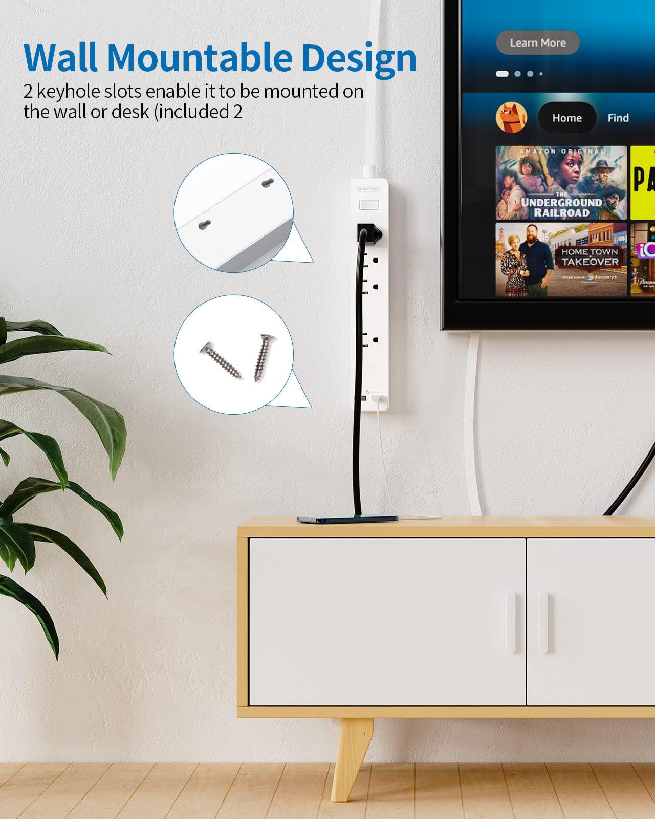 NTONPOWER Flat Extension Cord 15 ft, NTONPOWER Ultra Thin Flat Extension Cord Under Carpet, Rug, Door, Wall Mount Power Strip Flat Plug with 4 Outlets 2 USB, Overload Protection for Home Office Indoor, White