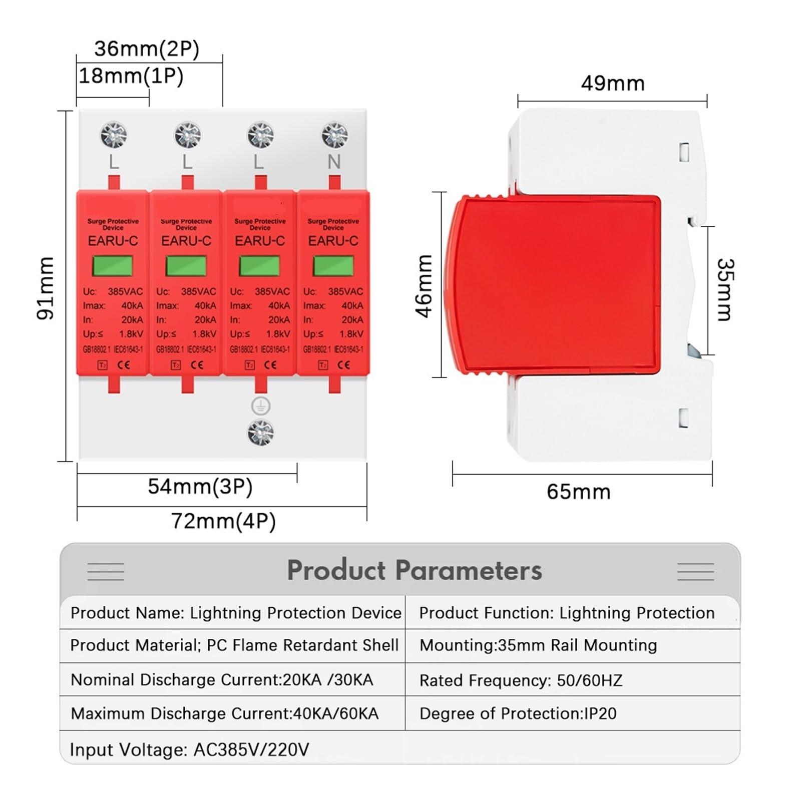SHIHUANI SHIHUANI Surge Arrester Protective Lightning Protector AC 385V SPD 1P 2P 3P 4P 20KA 30KA 40KA 60KA House Lightning Surge Protector Protective Solar PV Low-Voltage Arrester Device(2P,AC385V 20-40KA)