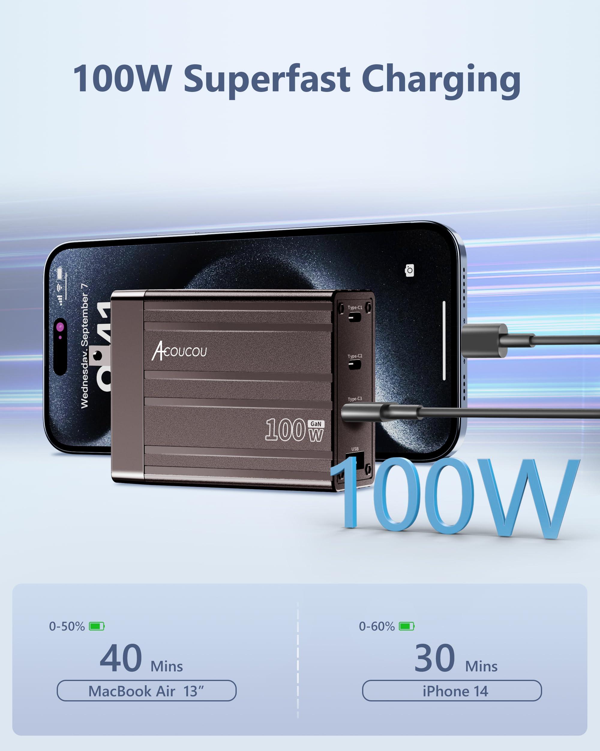 Acoucou Acoucou 100W USB C Charger, 4-Port Fast Charger, GaN Charging Block for MacBook Pro/Air, Google Pixelbook, ThinkPad, Dell XPS, iPad Pro, Galaxy S23/S22, iPhone 15/14/Pro, and More (Dark Bronze)