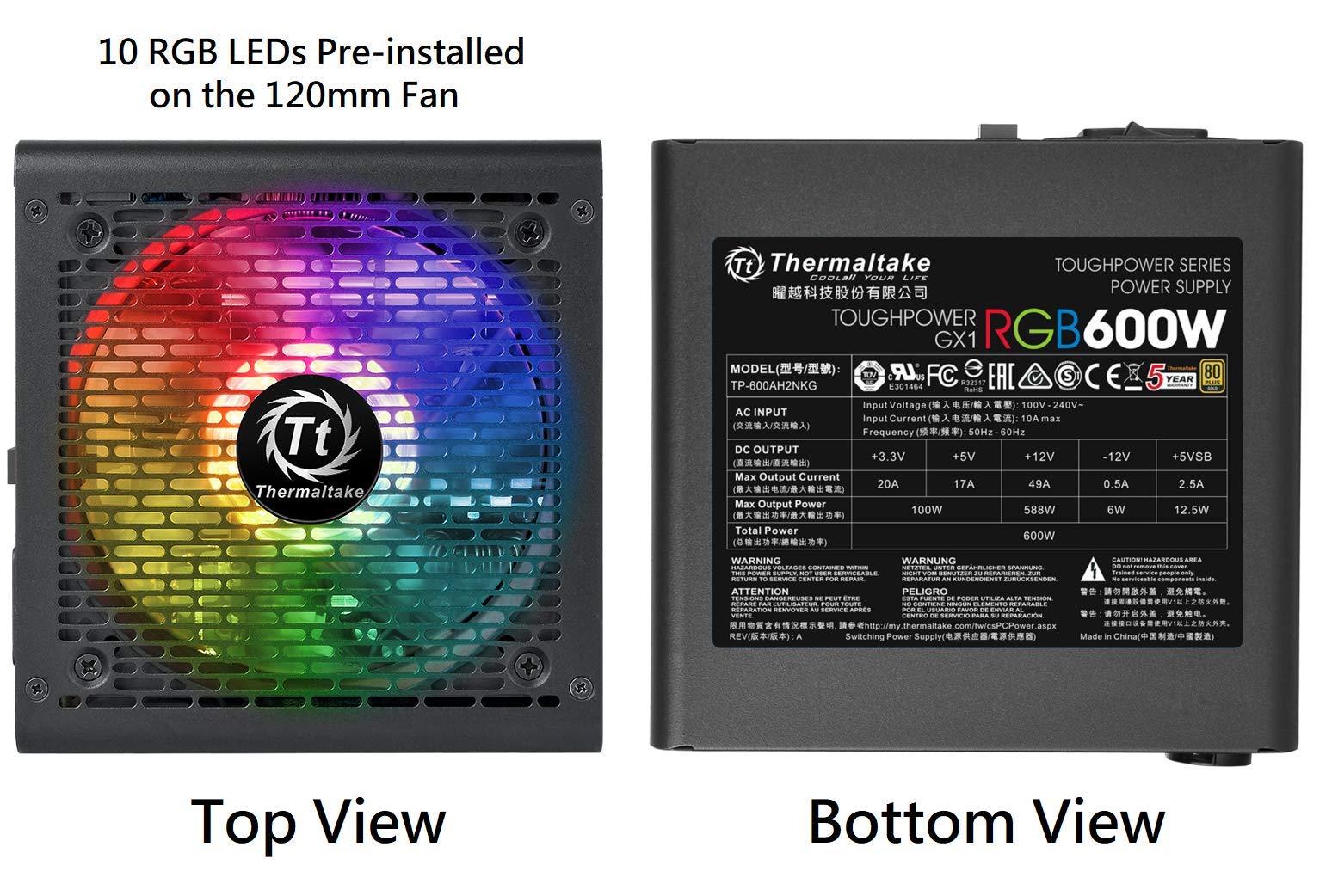 Thermaltake Thermaltake Toughpower GX1 RGB 600W Gold SLI/Crossfire Ready Continuous Power RGB LED ATX12V v2.4 / EPS v2.92 80 Plus Gold Certified 5 Year Warranty Non Modular Power Supply PS-TPD-0600NHFAGU-1