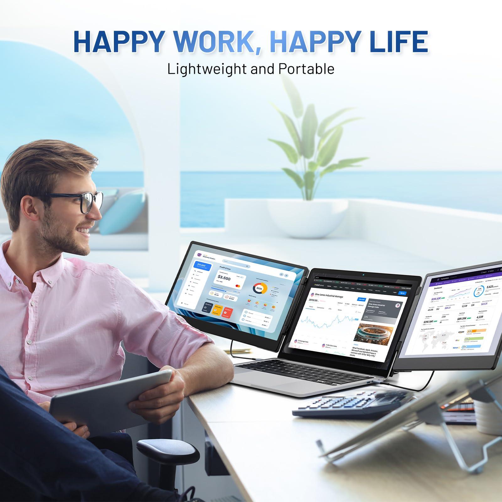 Cenerius Cenerius 14.2" Laptop Screen Extender, FHD 1080P IPS Portable Monitor for Laptop, Triple Screen Monitor Extender Compatible with 13"-17" Laptops, HDMI/USB-A/C Plug-Play for Windows, Mac, Android