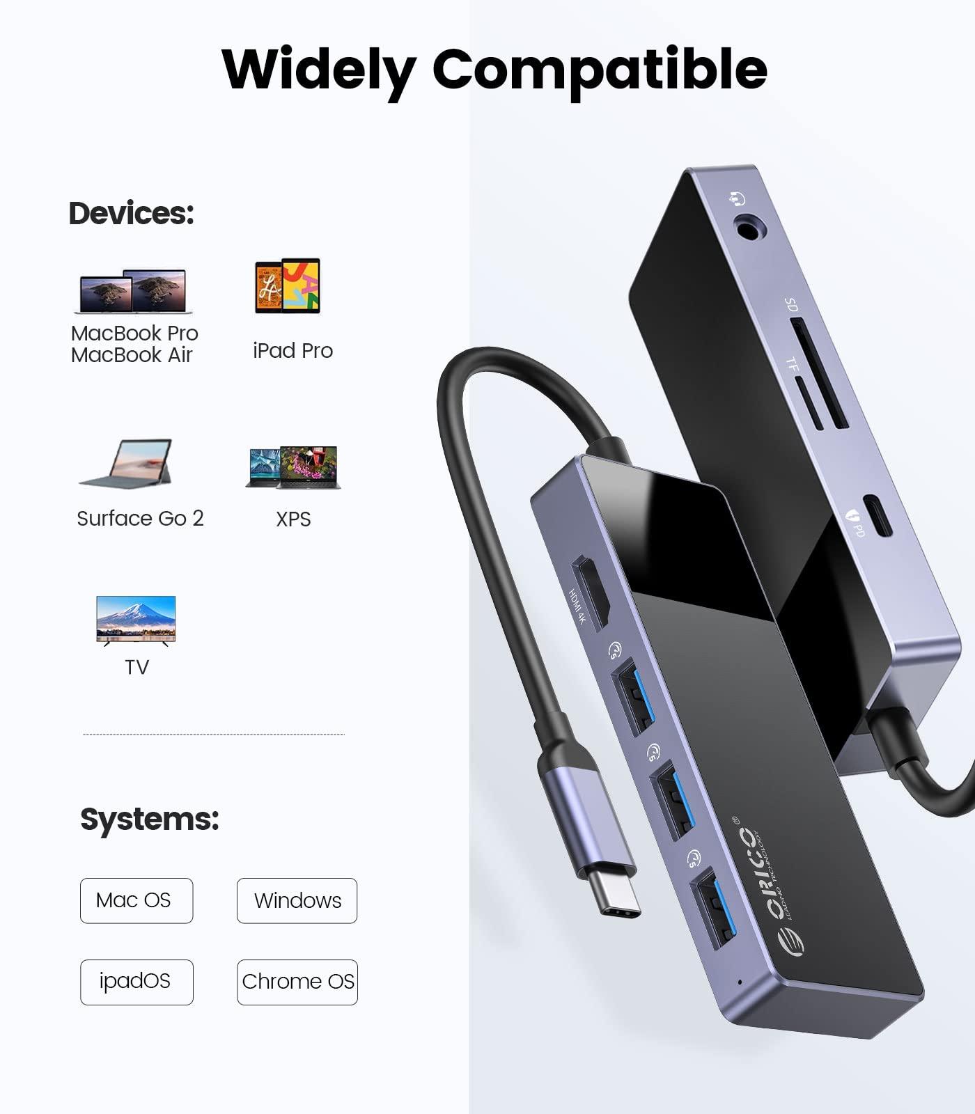 ORICO USB C Hub, ORICO 8 in 1 MacBook Docking Station Multiport Adapter with PD 100WHDMI 4K@30HzUSB-A3.03, SD/TF13.5mm Audio1 Compatible for Dell/Surface/HP/Lenovo Laptops