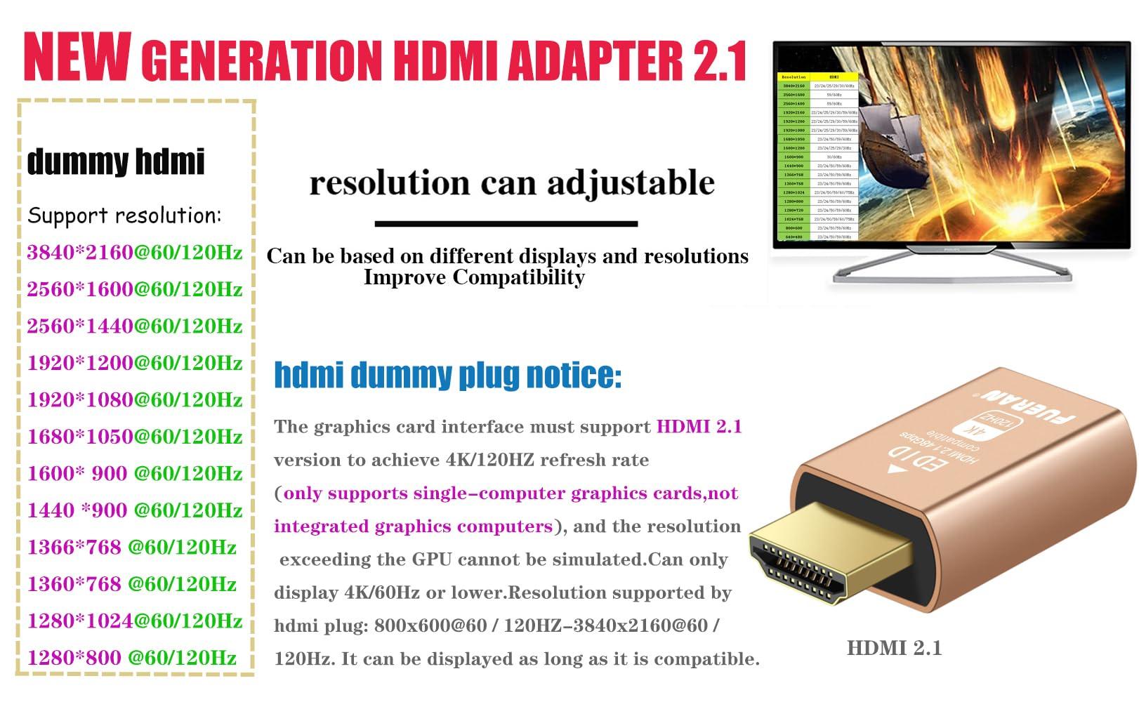 FUERAN FUERAN HDMI 2.1 Dummy Plug 4K@120Hz Virtual Display Emulator, Headless Adapter, HDMI Display Adapter, Supports 3840x2160@120Hz, 1440P@120Hz, 1080P@120Hz, EDID Emulator for GPU/Remote Desktop