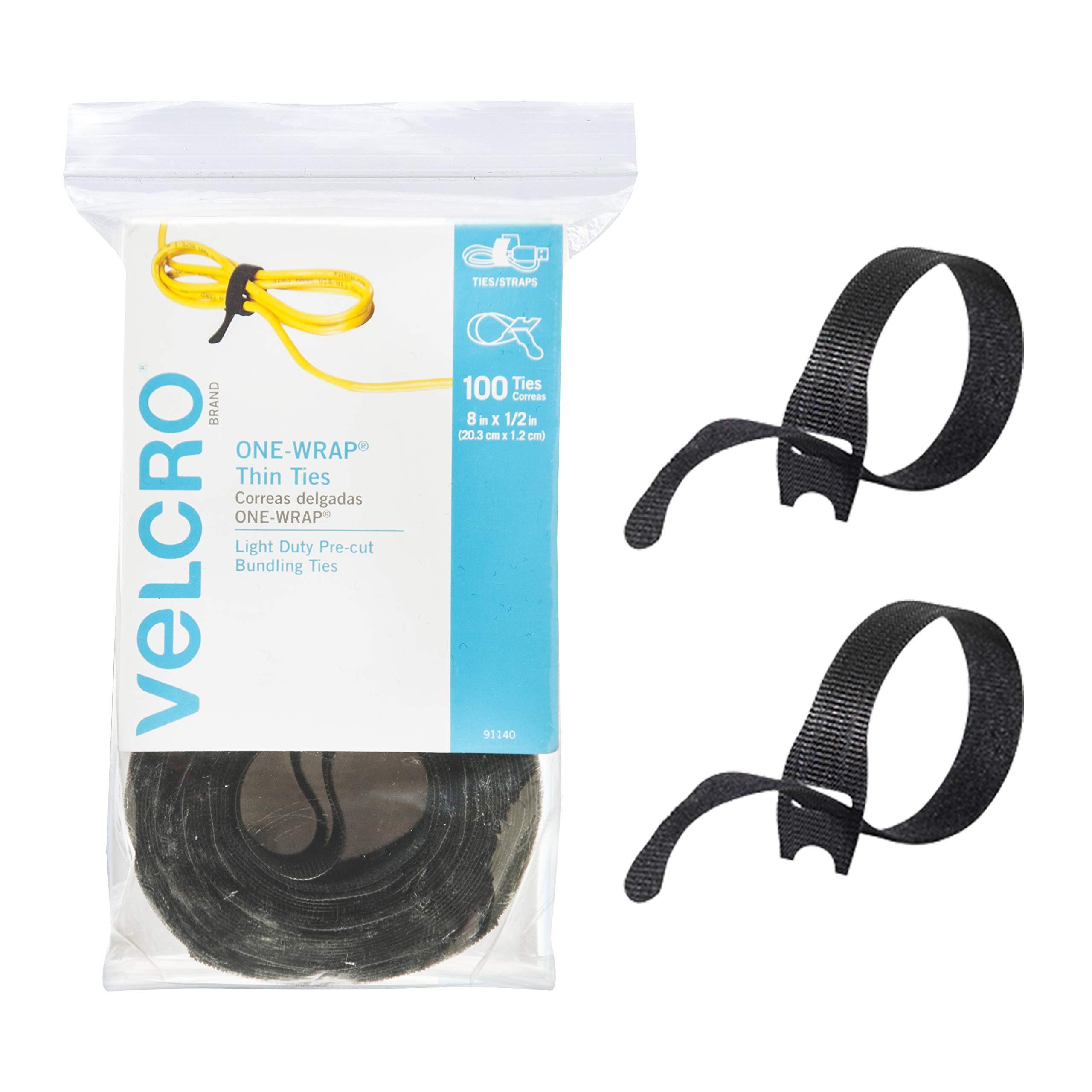 VELCRO Brand VELCRO Brand ONE-WRAP Cable Ties, 100Pk, 8 x 1/2\" Black Cord Organization Straps, Thin Pre-Cut Design, Wire Management for Organizing Home, Office and Data Centers