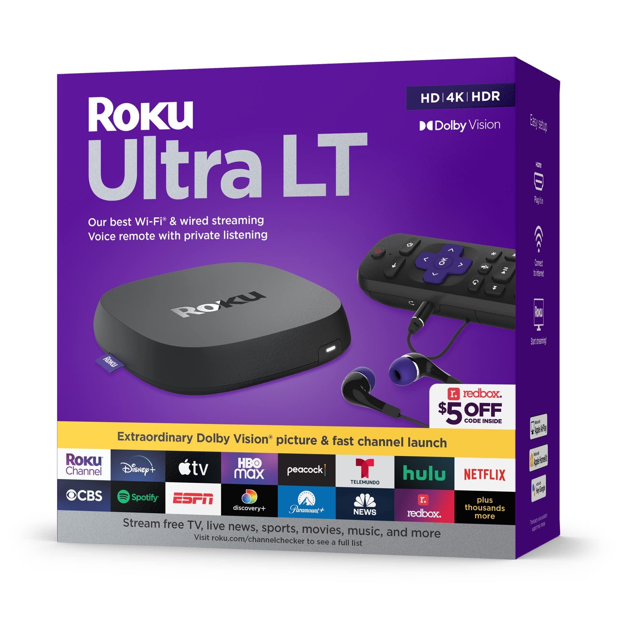 Roku Roku Ultra LT (2023) HD/4K/HDR Dolby Vision Quad-Core Streaming Player with HDMI Cable, Headphones, Voice Remote w/Private Listening, Ethernet (Renewed)