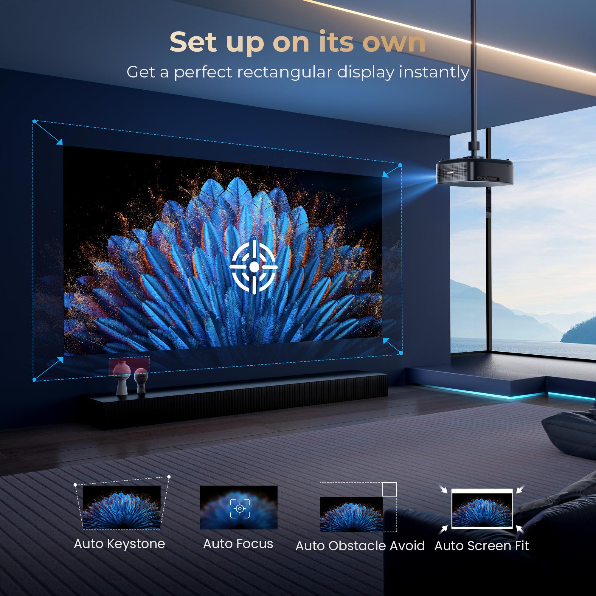 Alvar [1200 ANSI & Audio by DBX-TV] Alvar 4K Projector with WiFi 6 and Bluetooth, 30W Speakers, Netflix Licensed & DoIby Audio Outdoor Proyector, Auto Focus Native 1080P Smart Projector with HDR10+, Black