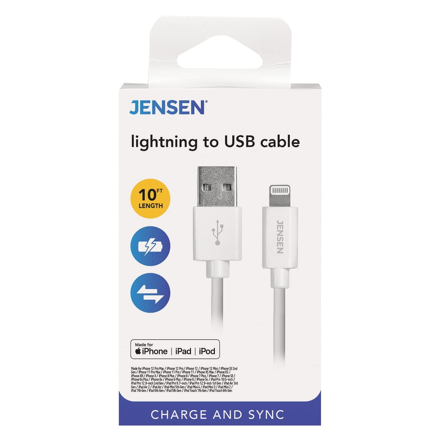 Jensen JENSEN Lightning to USB Cable, 10 ft, White