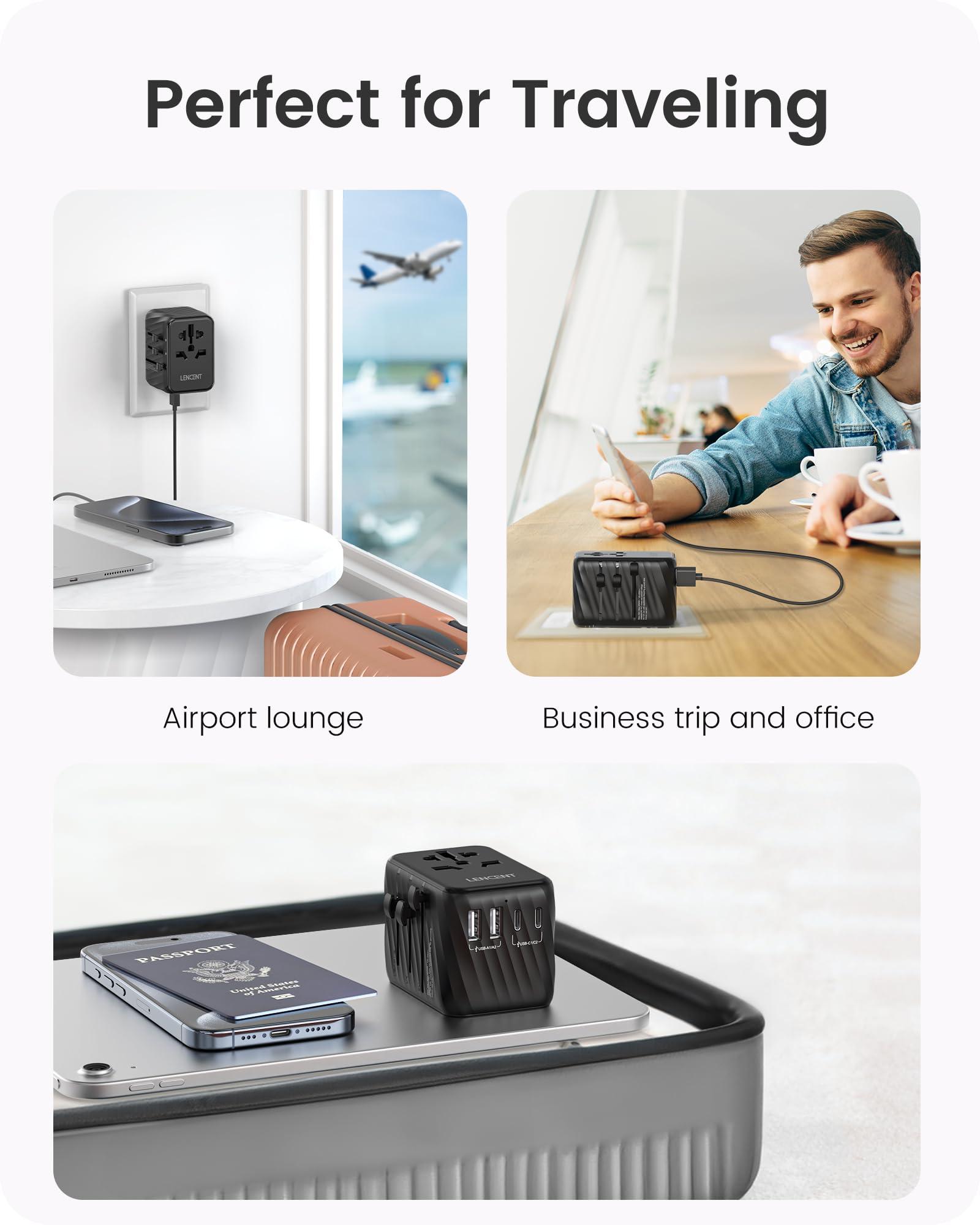 LENCENT LENCENT Universal Travel Power Adapter, International AC Plug Adaptor with 5.6A 3 USB C 2 USB A Ports Wall Charger Worldwide Travel Essentials for US to EU UK Ireland Australia (Type C/G/A/I) Black