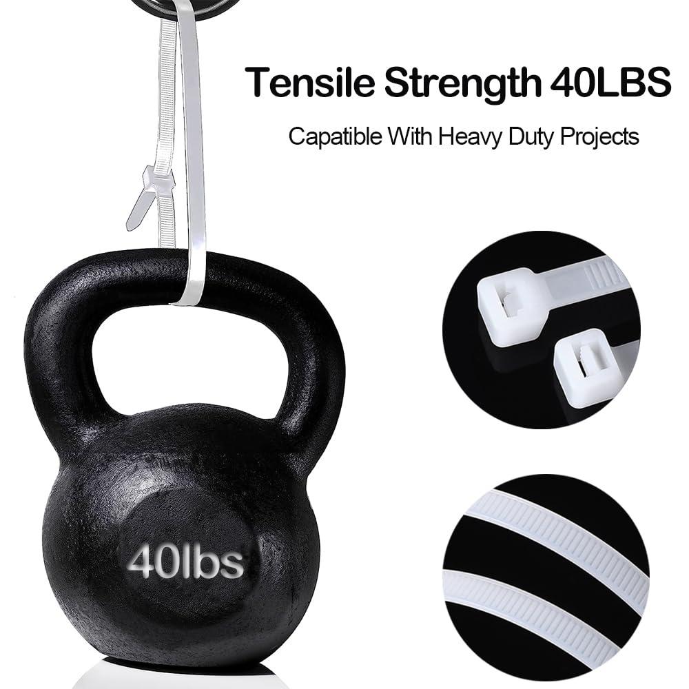 PLWCAMI White Zip Ties 8 Inch (1000 pack) Heavy Duty Self Locking clear Zipties Tensile Strength 40 Pound Clear Industrial 8\" Cable Ties Wraps for Home Office Garden Fence Garage indoor outdoor