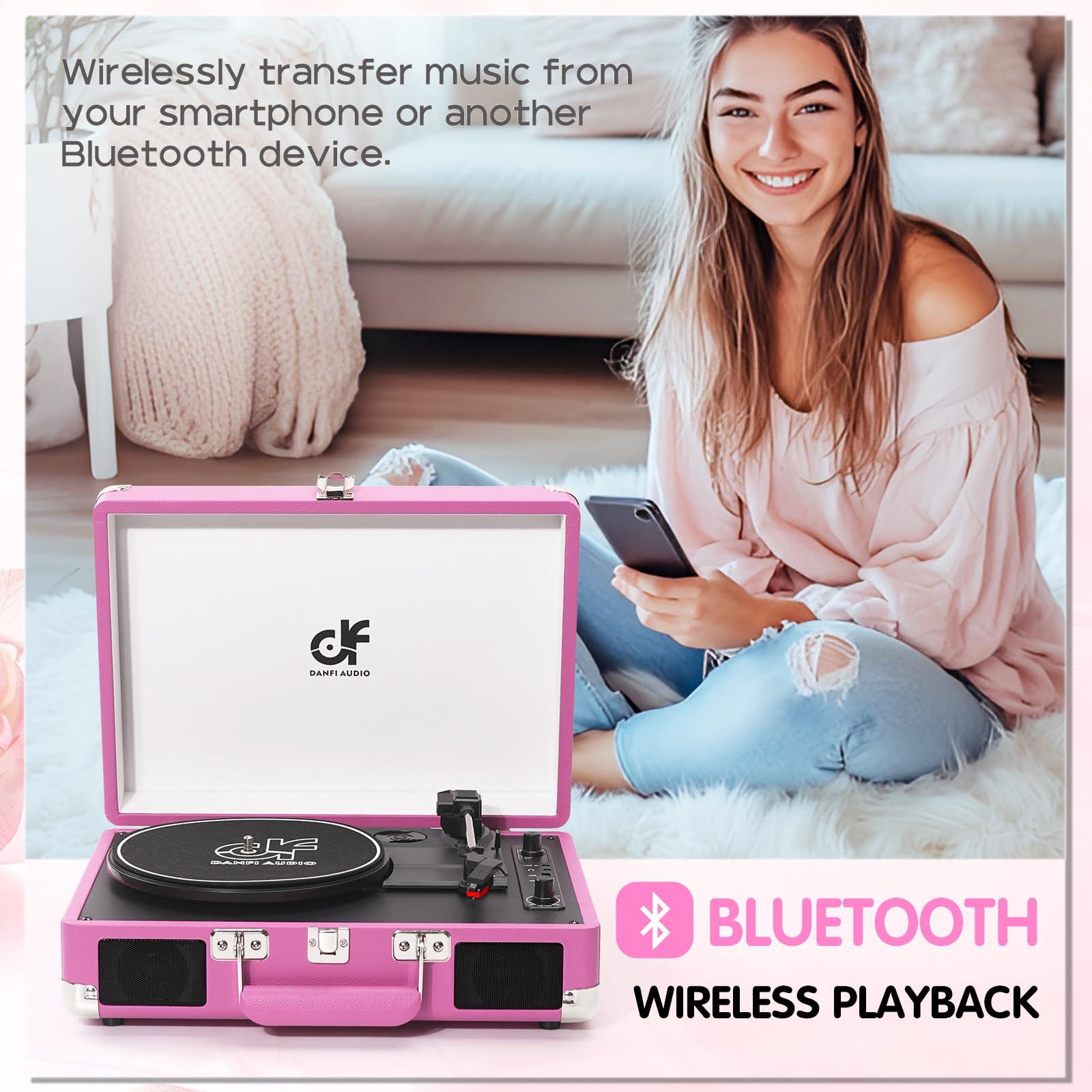 DANFI AUDIO DF DANFI Audio Pink Bluetooth Vinyl Record Player with Dual Speakers, USB Recording,3-Speed Suitcase Turntable, RCA/AUX/Headphone Output