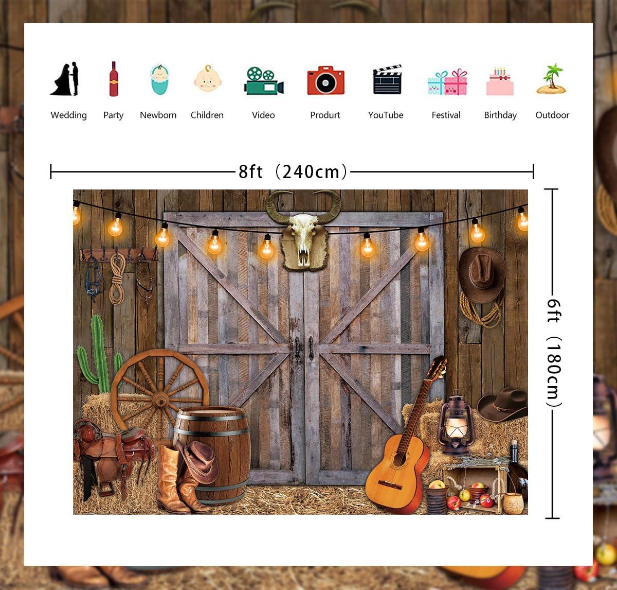 TENCOW Western Cowboy Backdrop 8x6FT Western Party Decorations Banner Wild West Rustic Wooden Barn House Photography Background for Cowboy Theme Party Decoration Banner Photo Booth (96x72 inch)